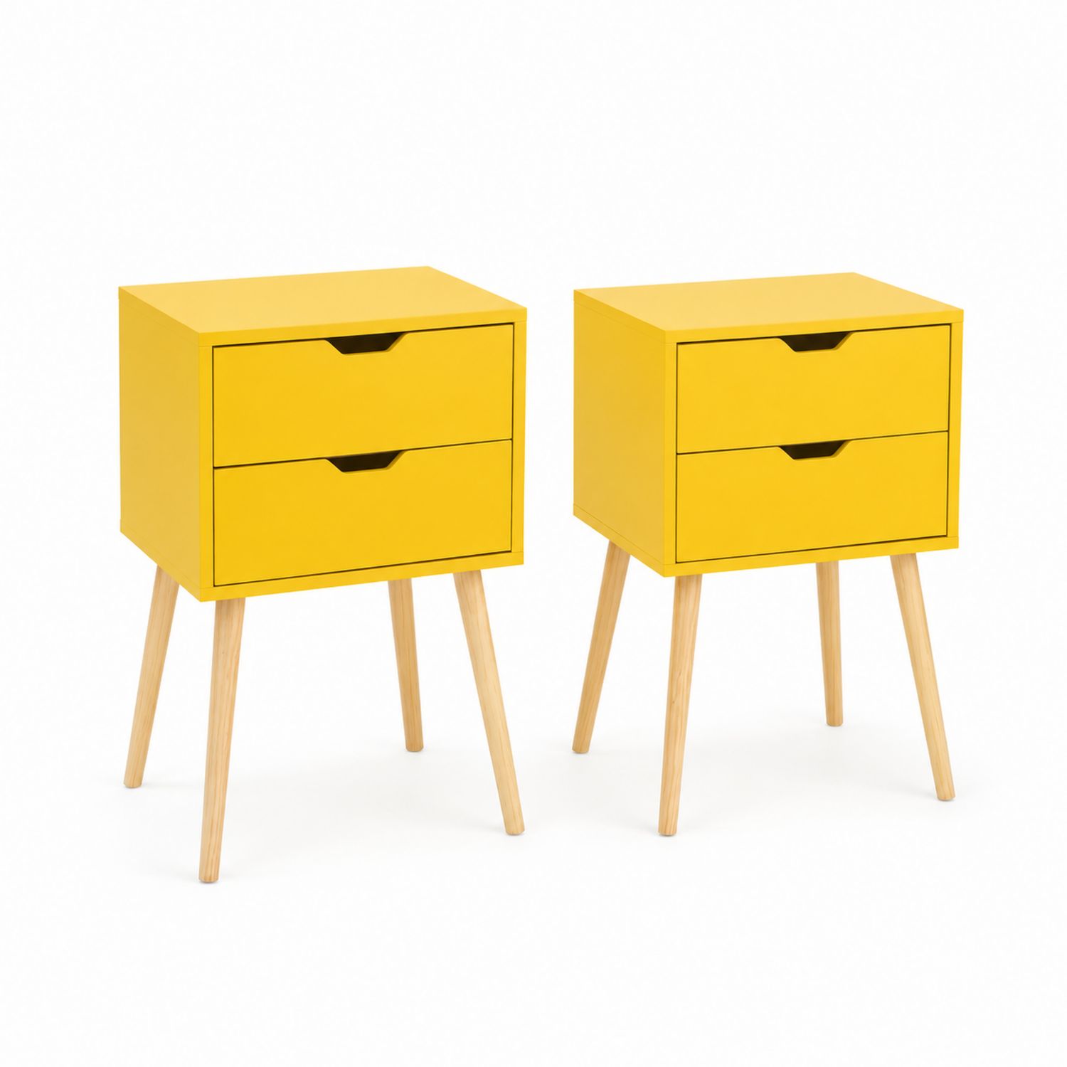 Set di comodini in legno MDF giallo con gambe in faggio