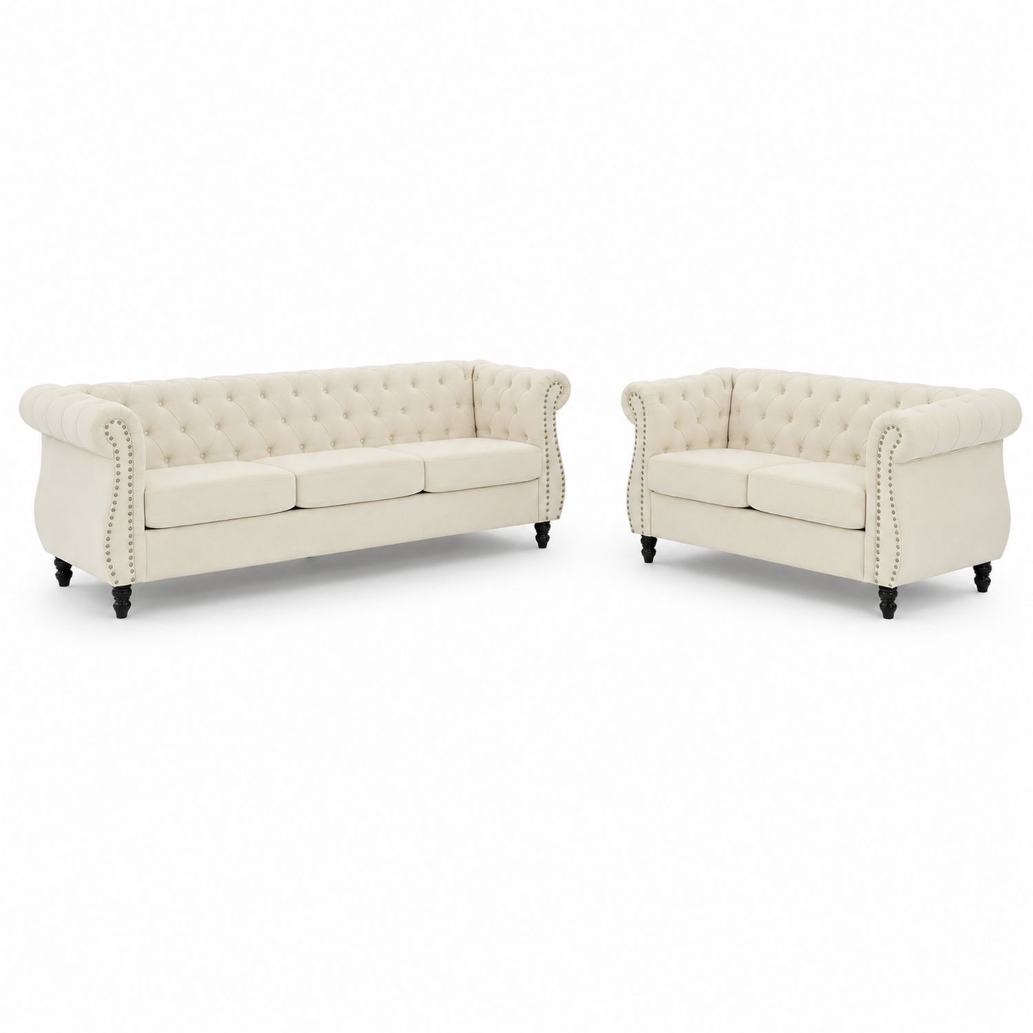 Set divano in tessuto beige 3 posti e 2 posti con bottoni decorativi