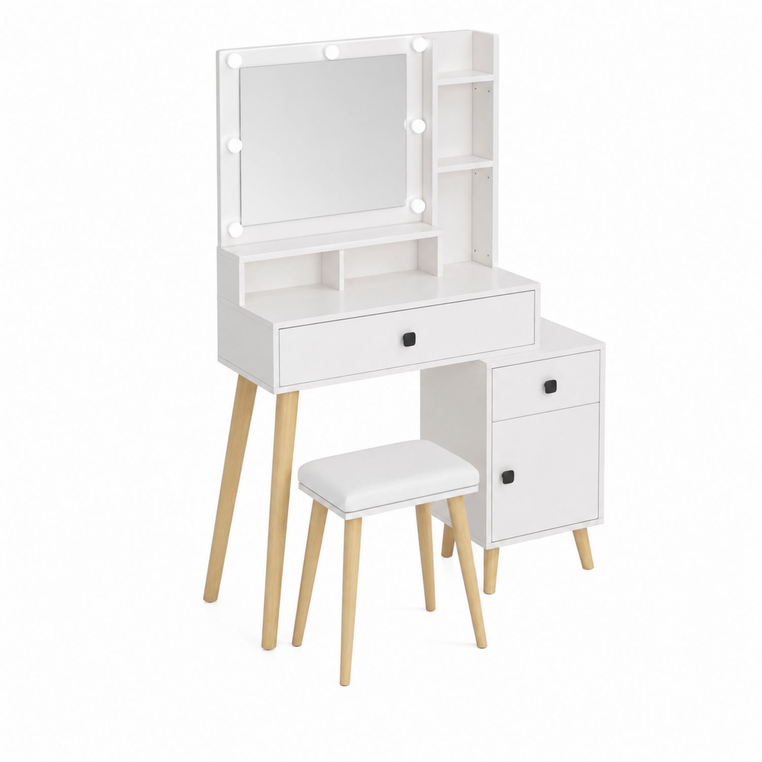 Toeletta con Specchio e Sgabello, MDF e Legno, Bianco