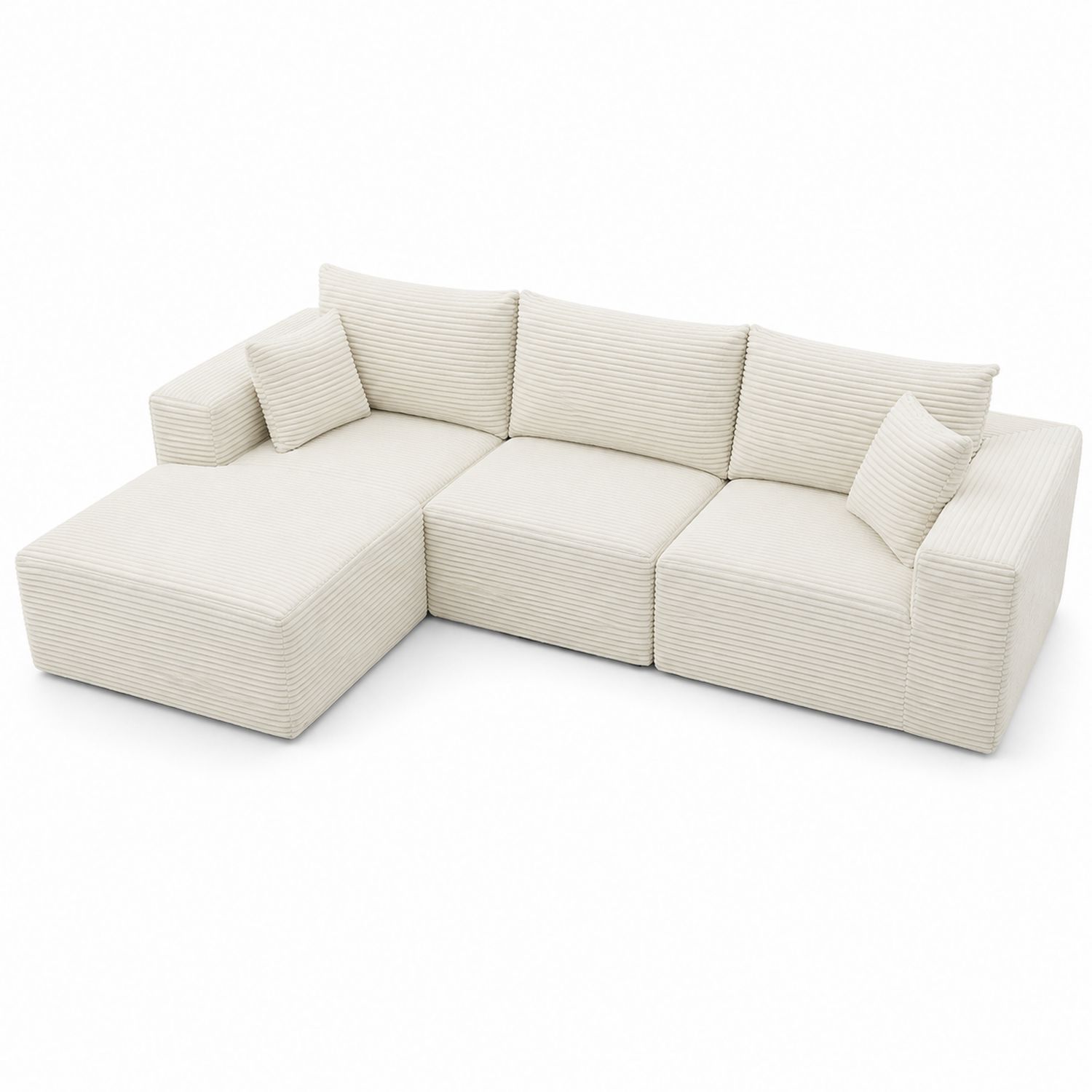 Divano angolare in tessuto a coste con cuscini 300x150x85cm