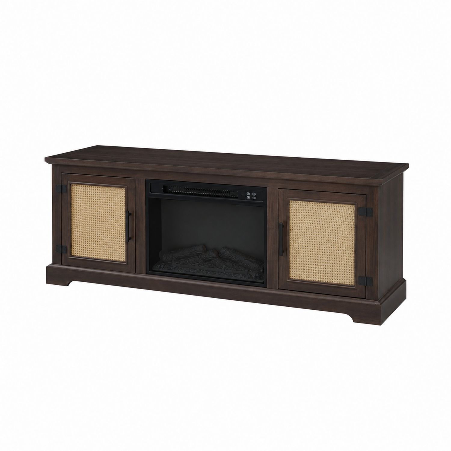 Mobile TV Legno Scuro e Rattan con Camino Elettrico Integrato 150 cm