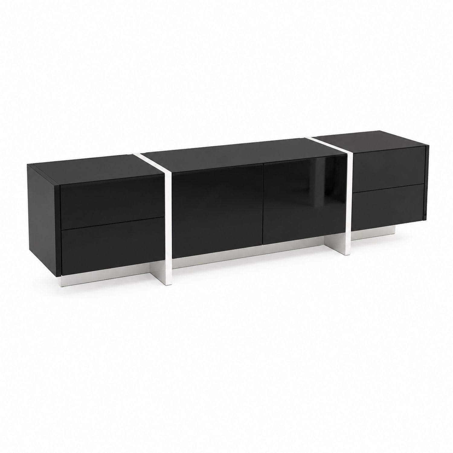 Mobile TV nero in legno MDF e acciaio con cassetti e ante, 180x40x45 cm