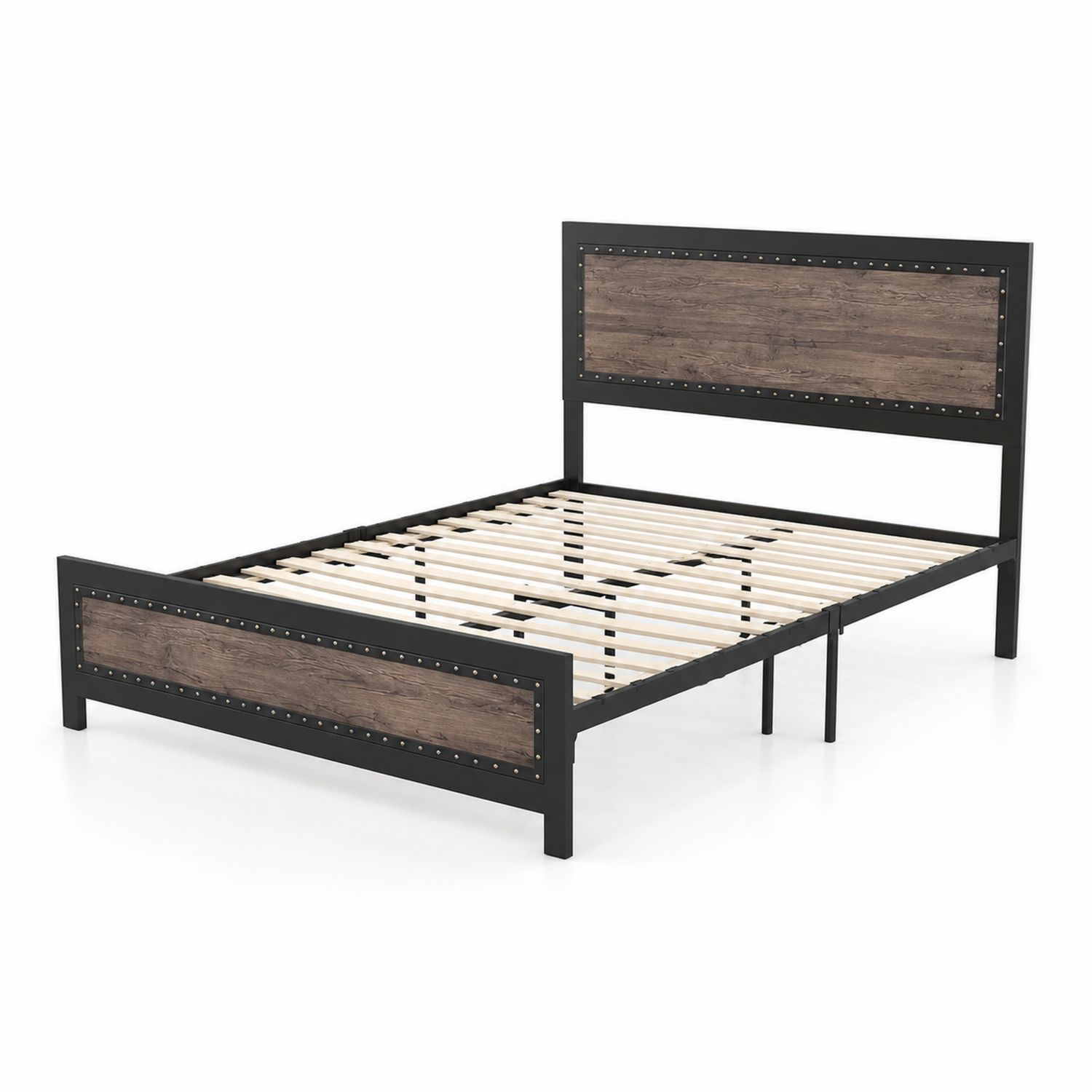 Letto Matrimoniale in Metallo con Pannelli in Legno 200x160 cm Nero/Marrone