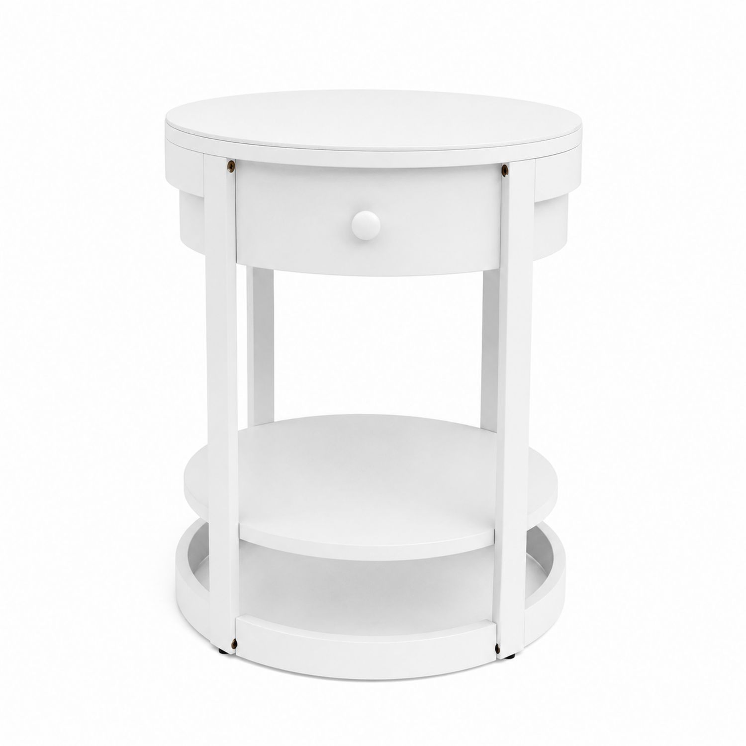 Tavolino Rotondo in Legno Bianco con Cassetto 50x50x60 cm