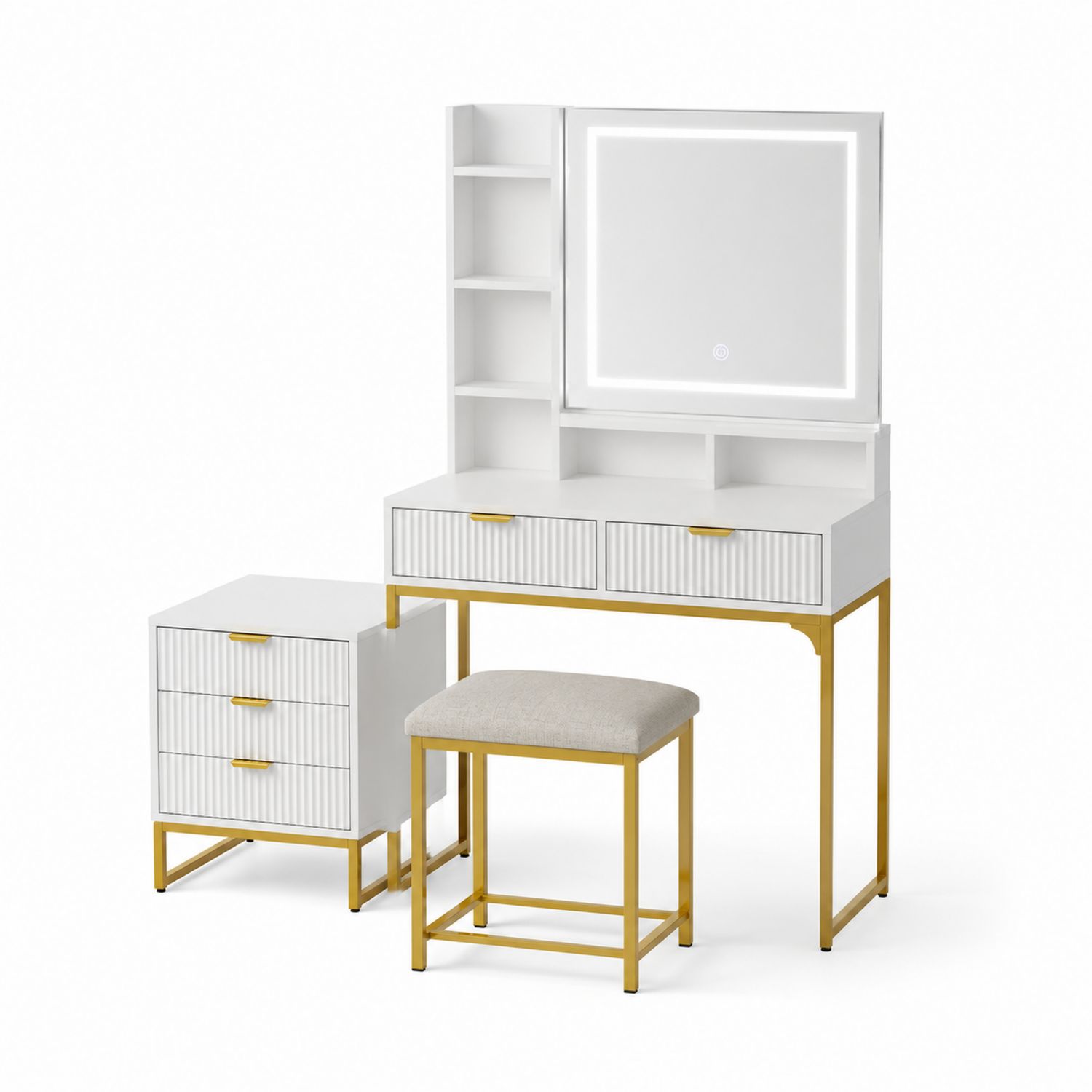 Set Toeletta Tavolo con Specchio LED, Sgabello e Comodino in MDF e Metallo