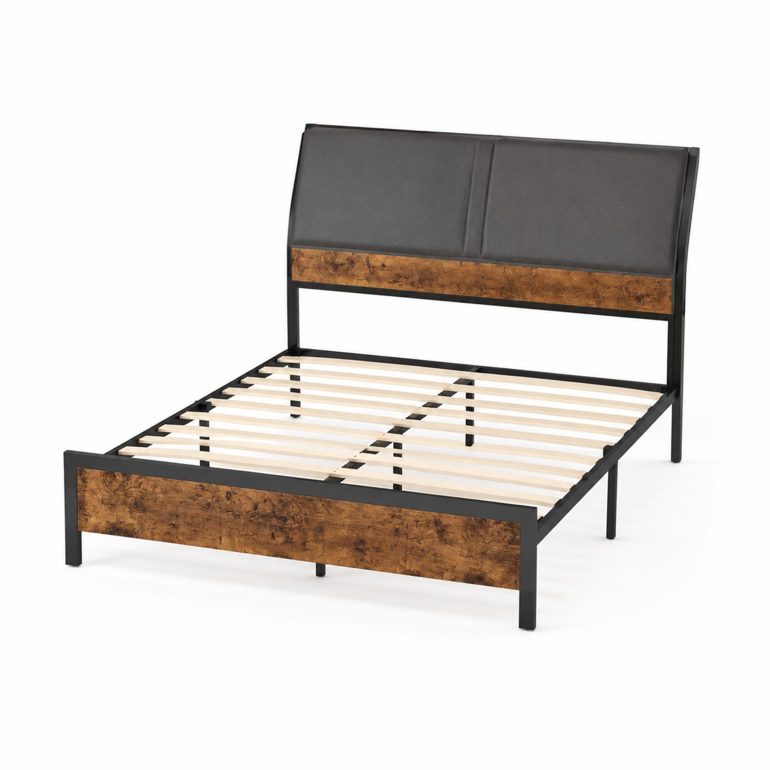 Letto Matrimoniale in Metallo e Legno con Testiera in Tessuto Grigio