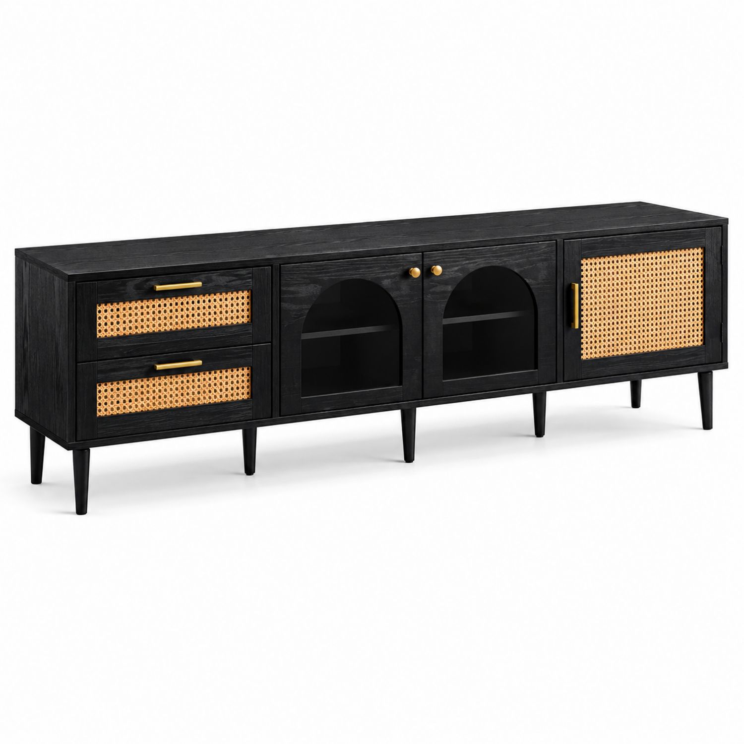 Mobile TV in legno con ante in vetro e cassetti in rattan 180x40x55 cm