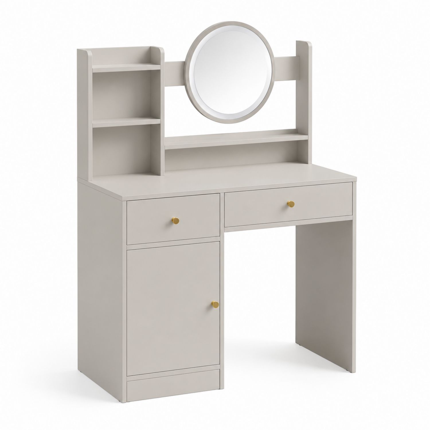 Toeletta con Specchio Tondo e Scaffali Laterali in Legno MDF Grigio-Plypractical