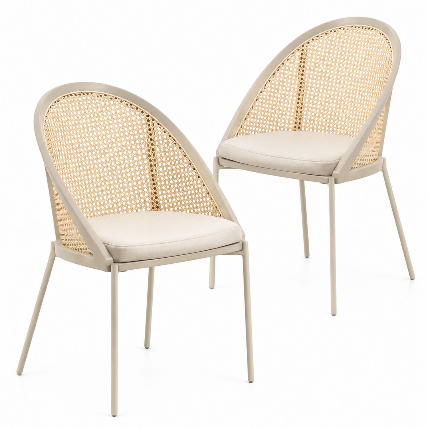 Set di 2 Sedie in Metallo con Schienale in Rattan, Beige-Plypractical
