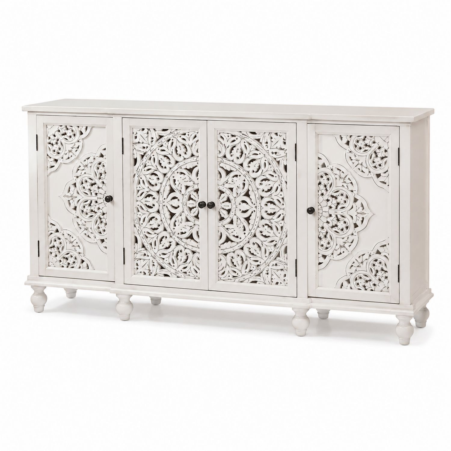 Credenza Intagliata in Legno di Mango con 4 Ante 80x160x40 cm-Plypractical