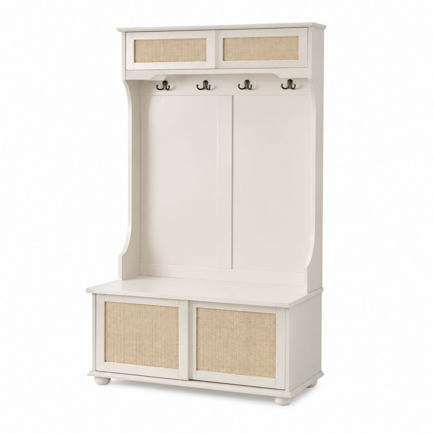Guardaroba da Ingresso in Legno con Ganci e Pannelli in Rattan, Bianco-Plypractical