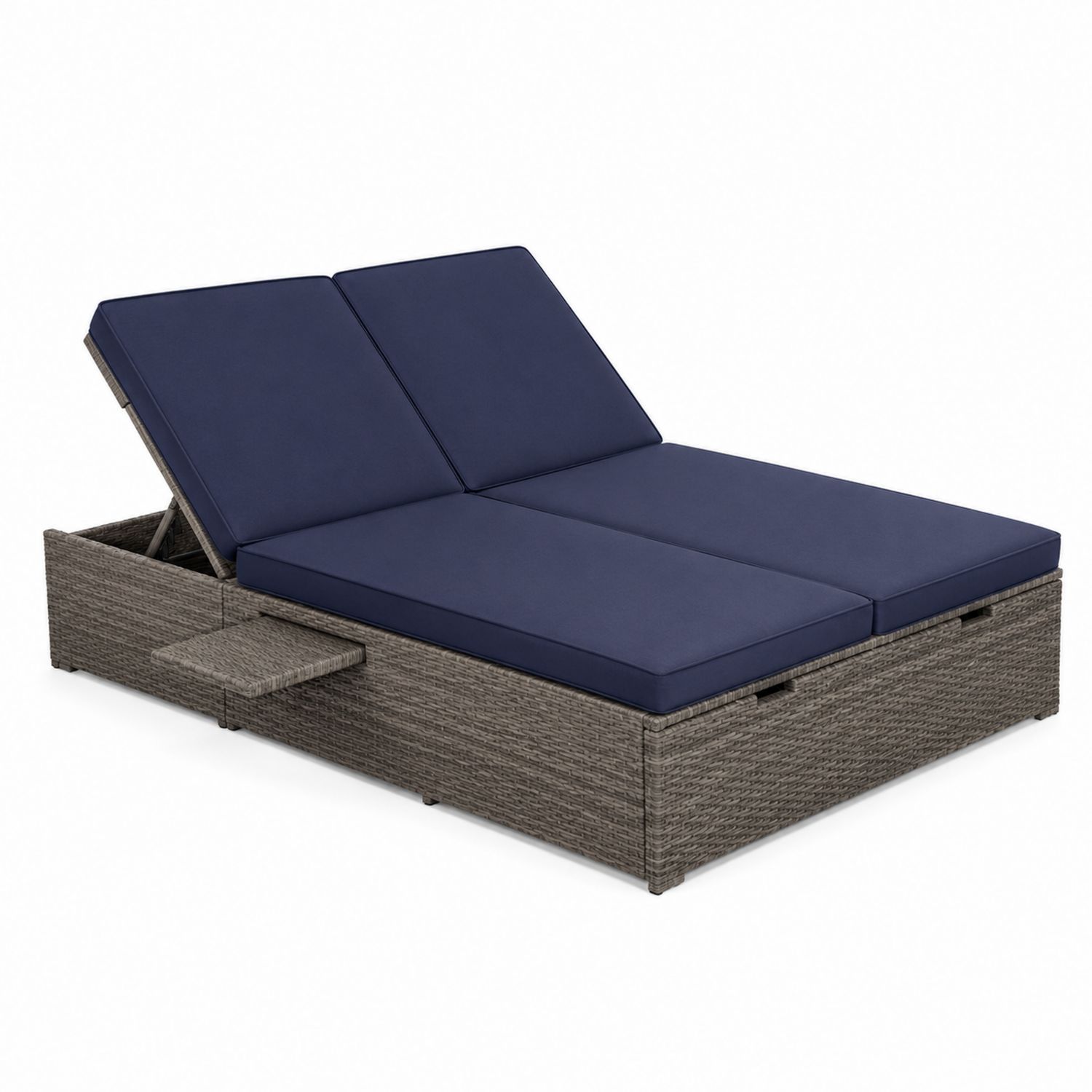 Lettino doppio in rattan con cuscini blu scuro regolabili-Plypractical
