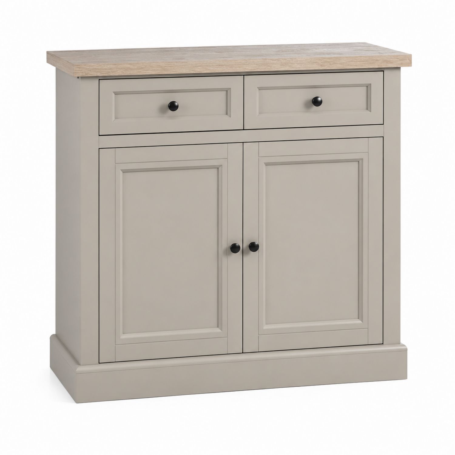 Credenza in MDF con 2 cassetti e 2 ante, piano in legno di quercia, Grigio 90x80x40 cm-Plypractical