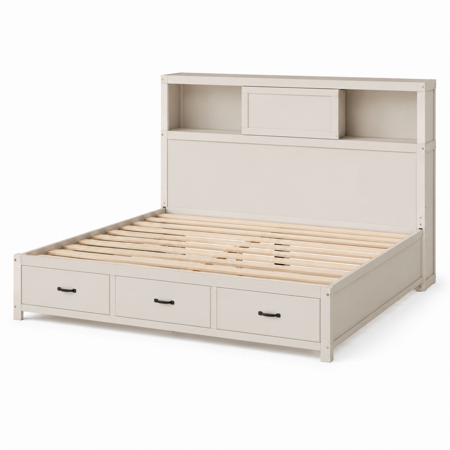 Letto matrimoniale in legno con cassetti e testiera scaffale, Avorio-Plypractical