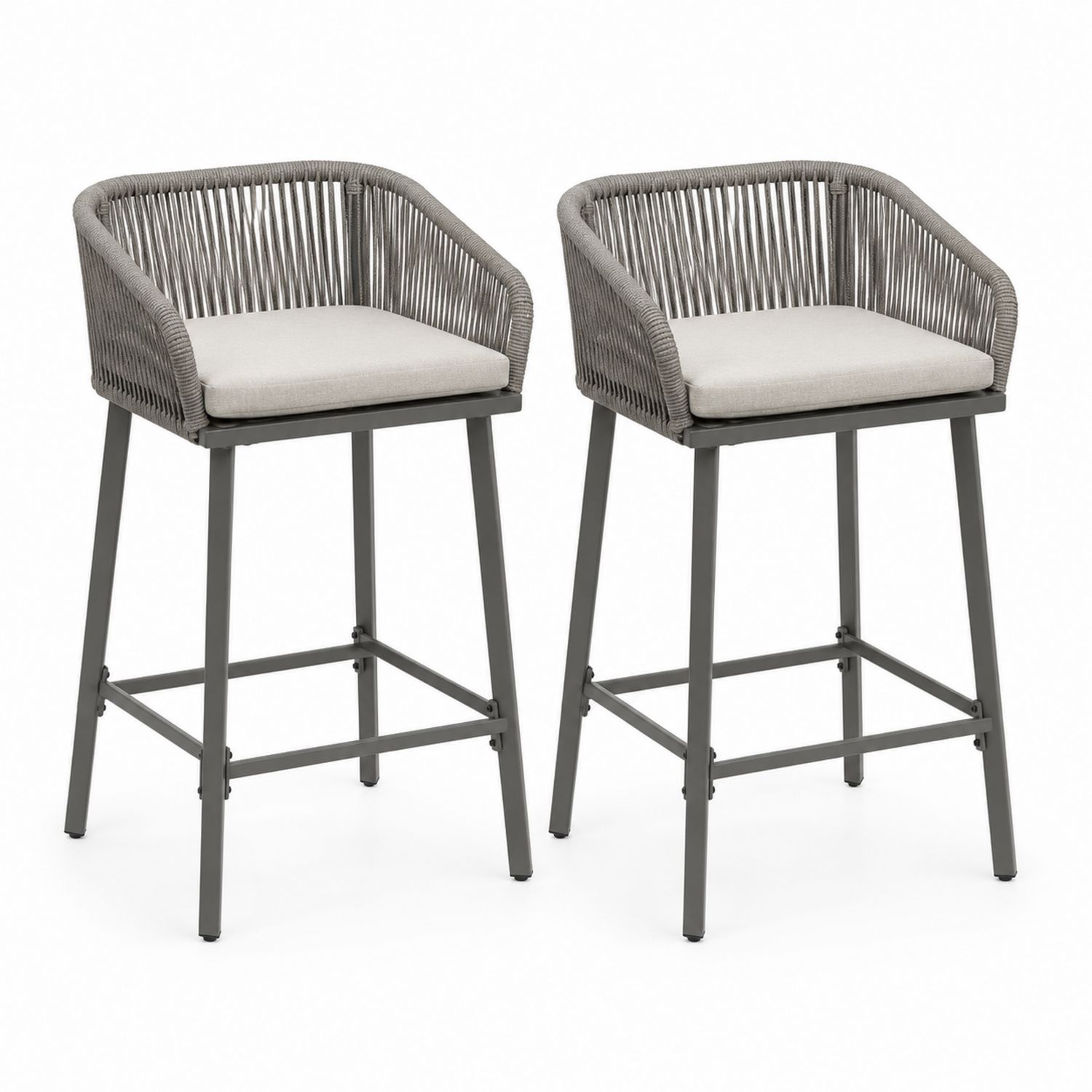Set di 2 sgabelli da bar con struttura in metallo e seduta in corda-Plypractical