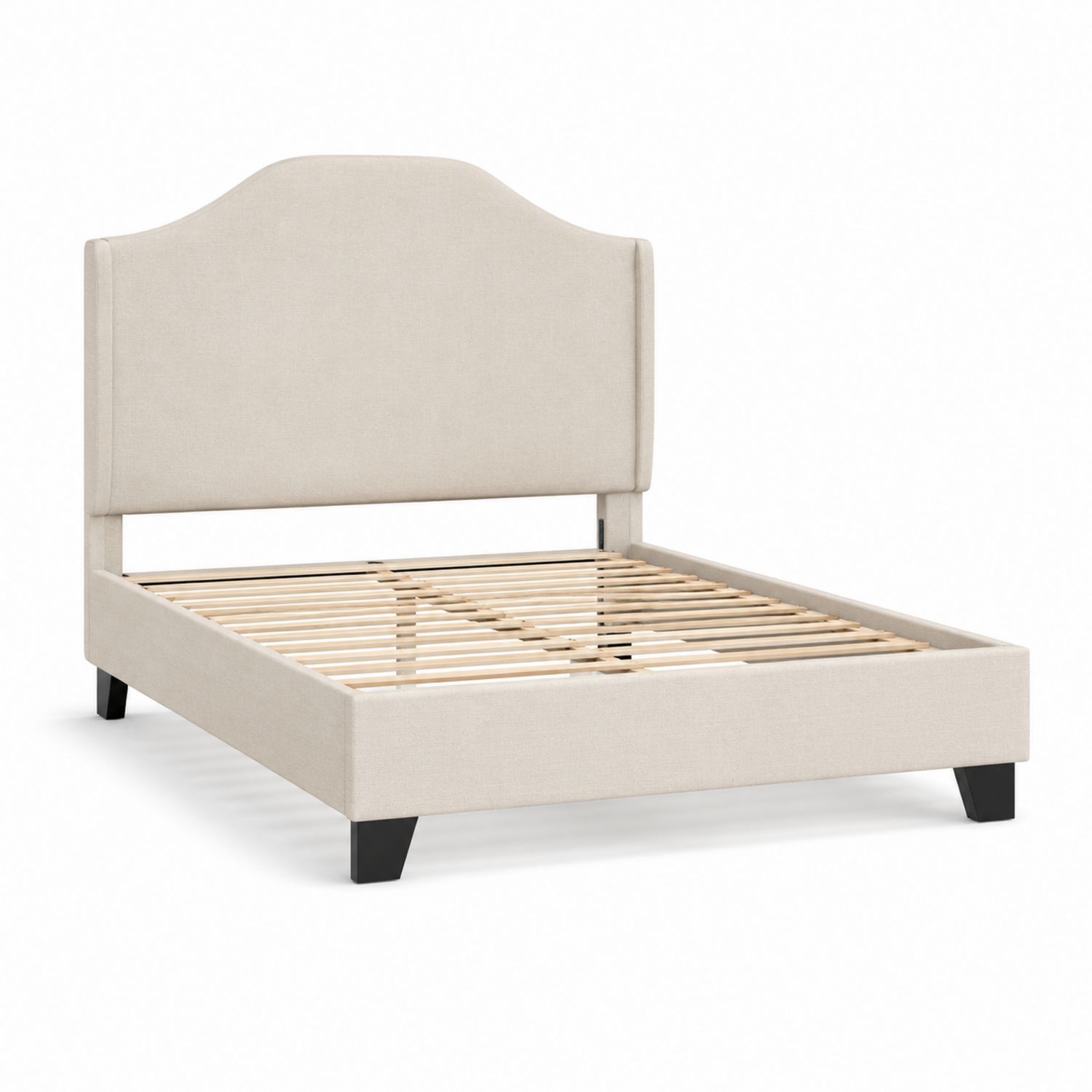 Letto matrimoniale in legno e tessuto beige con testiera sagomata-Plypractical