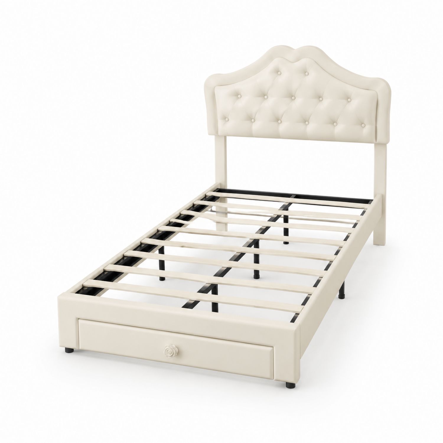 Letto Singolo in Similpelle Crema con Testiera Imbottita e Cassetto-Plypractical