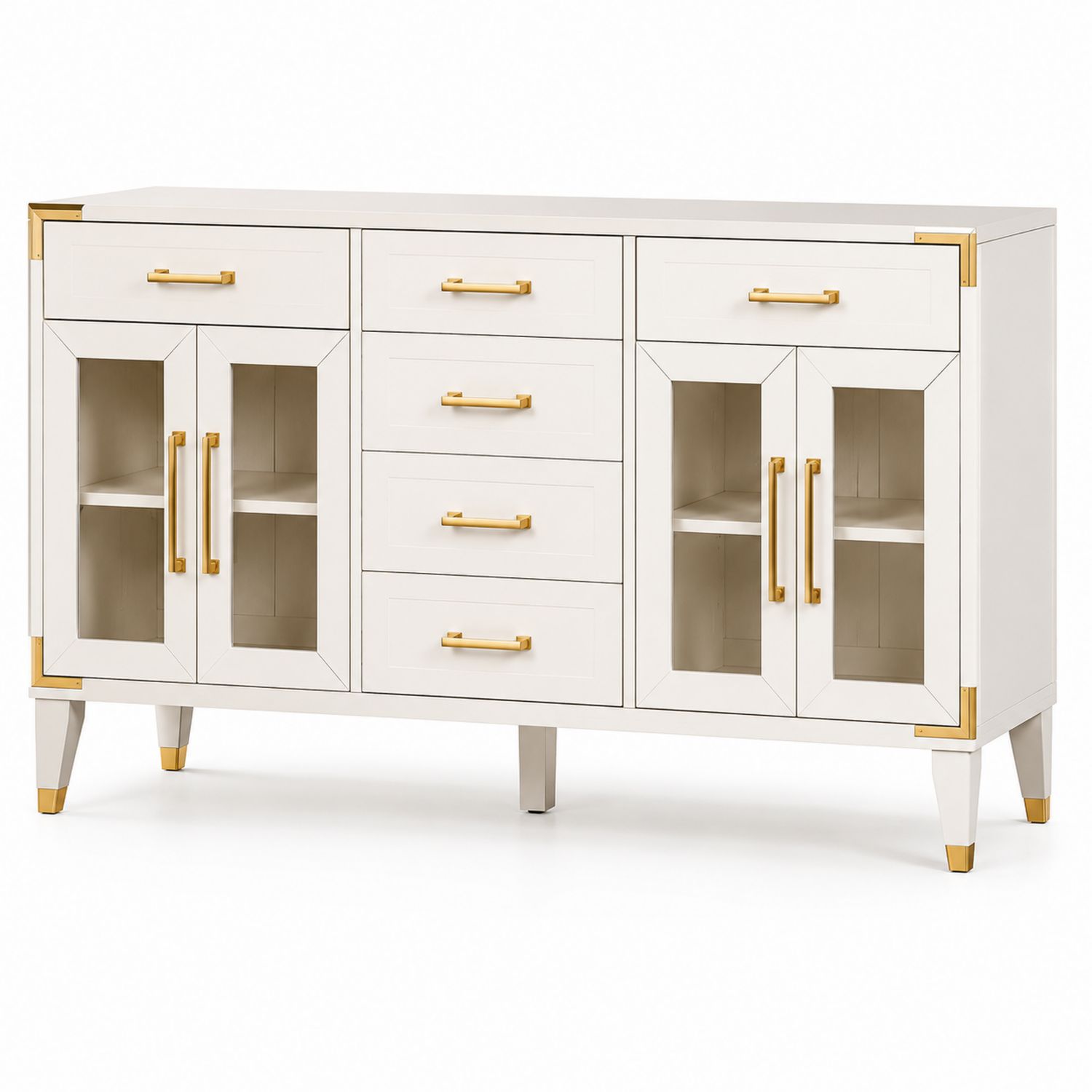Credenza in Legno MDF con Ante in Vetro Temperato e Dettagli in Acciaio Dorato-Plypractical