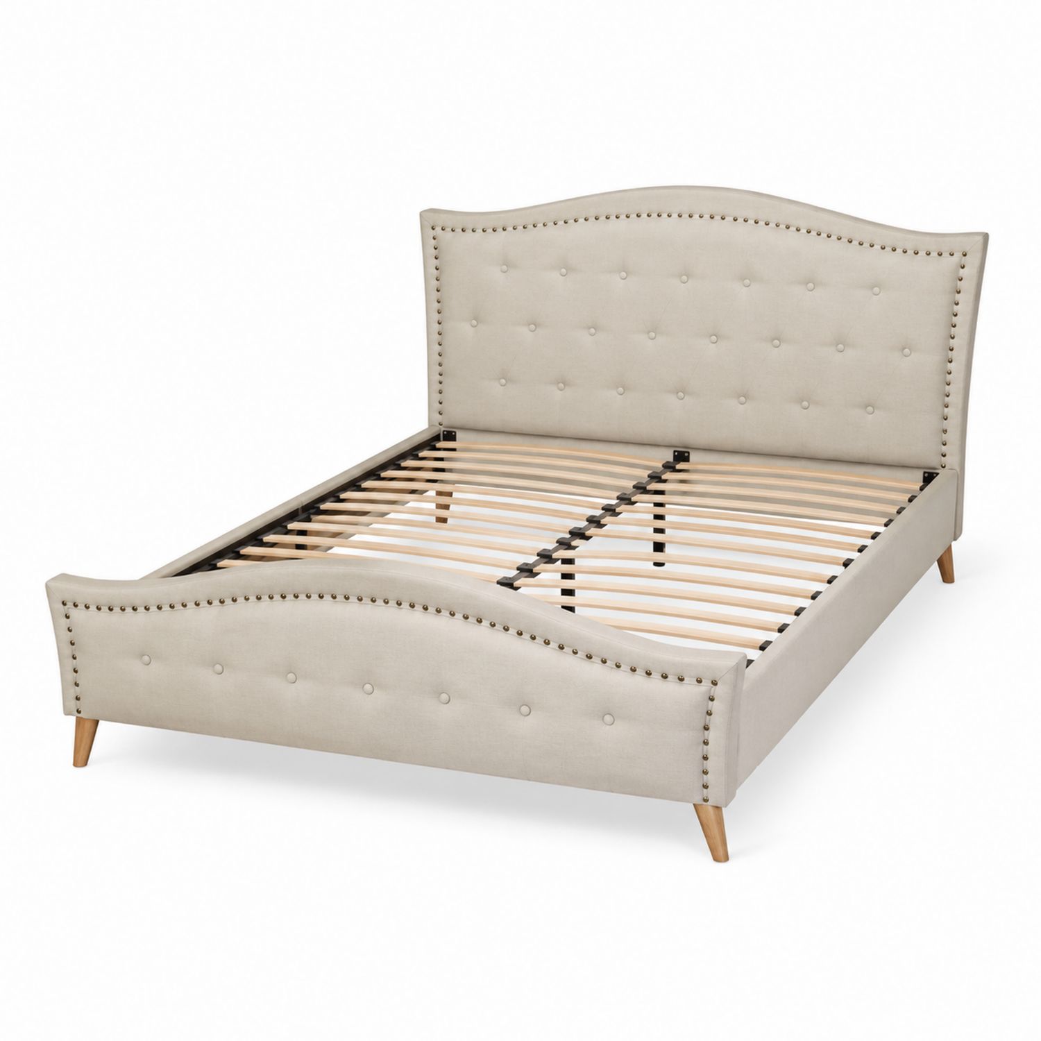 Letto matrimoniale in tessuto beige con gambe in legno 200x160 cm-Plypractical