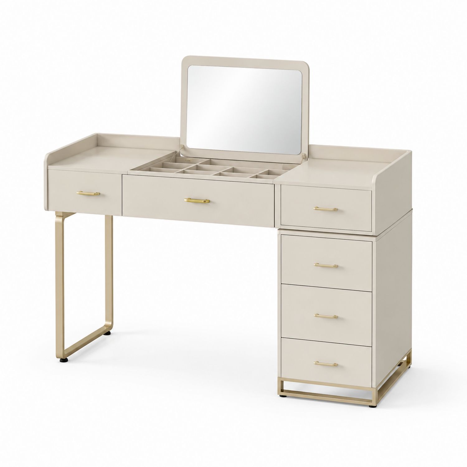 Toeletta in Legno Composito e Metallo con Specchio e Cassetti, Beige-Plypractical