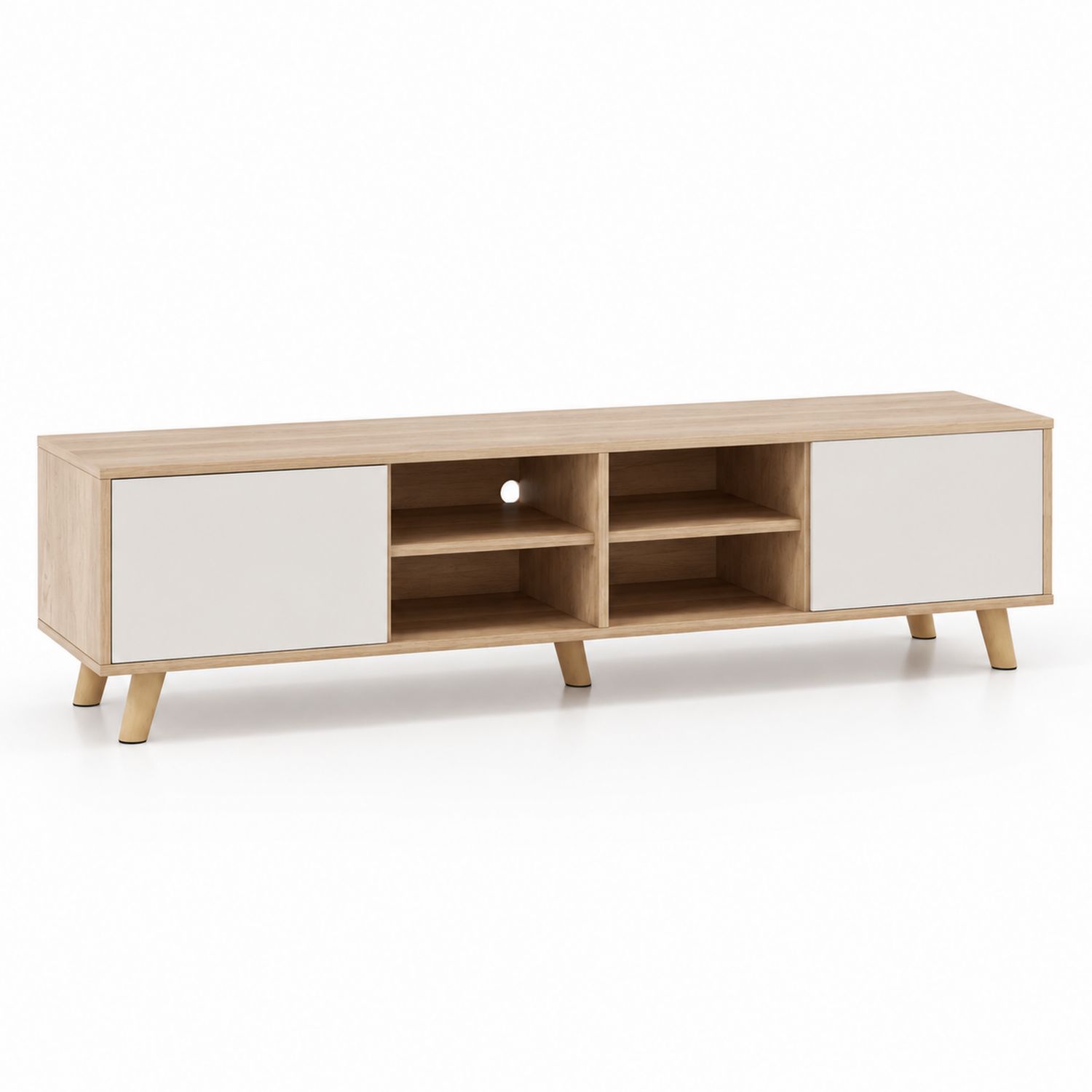 Mobile TV in MDF con Ripiani e Ante Rovere chiaro/Bianco opaco-Plypractical