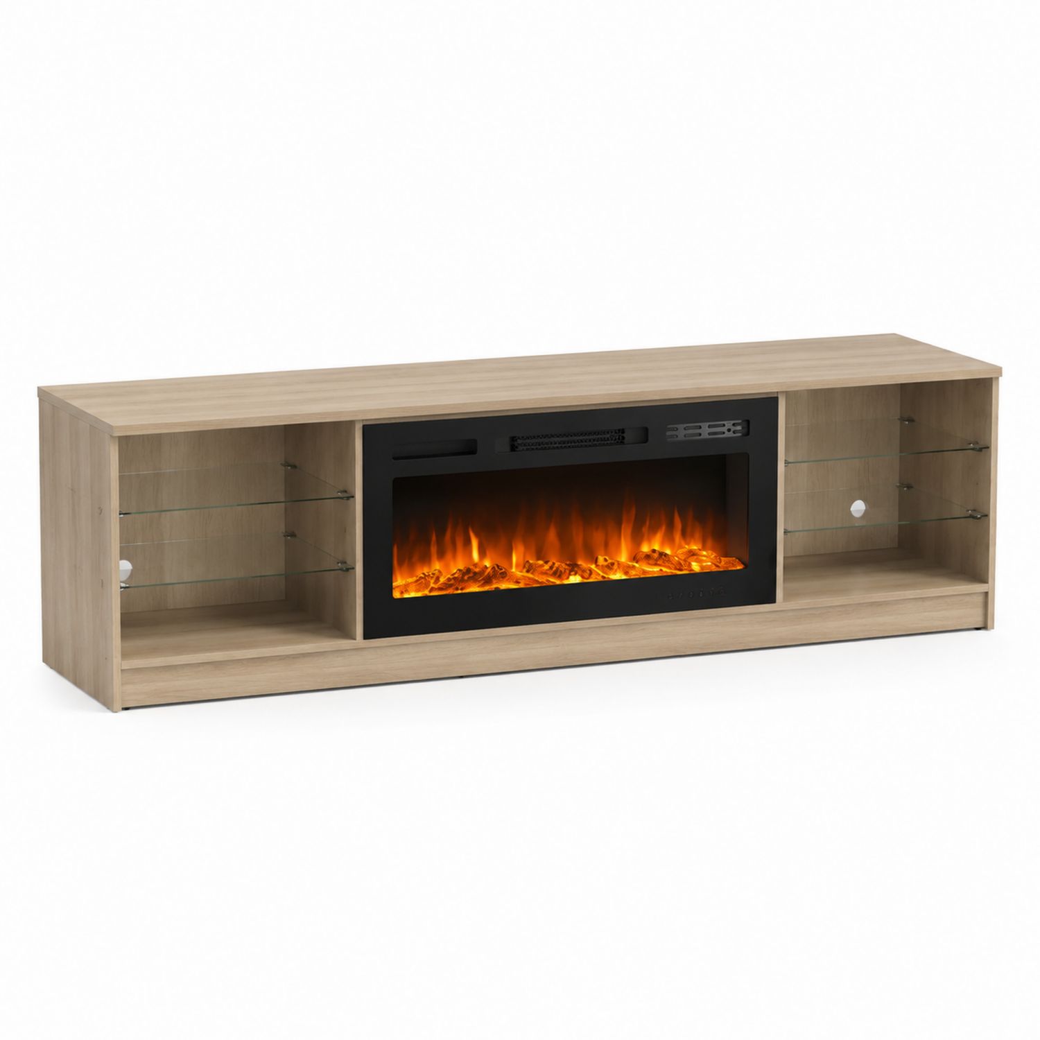 Mobile TV con Camino Elettrico in Legno Chiaro e Vetro Temperato-Plypractical