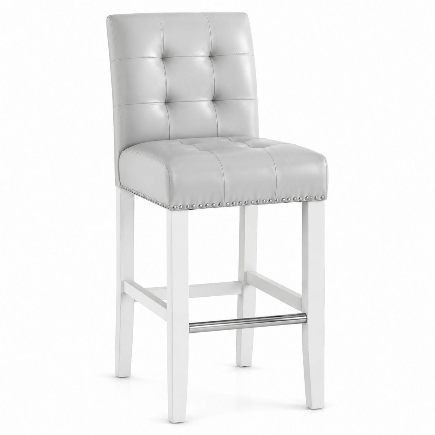 Sgabello da bar in ecopelle grigia con struttura in legno bianco-Plypractical