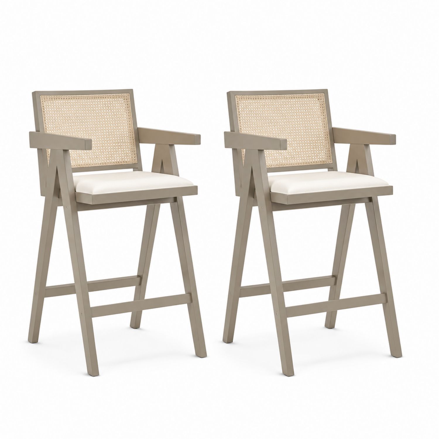 Set di sgabelli da bar in legno con schienale in rattan, set di 2, Beige-Plypractical