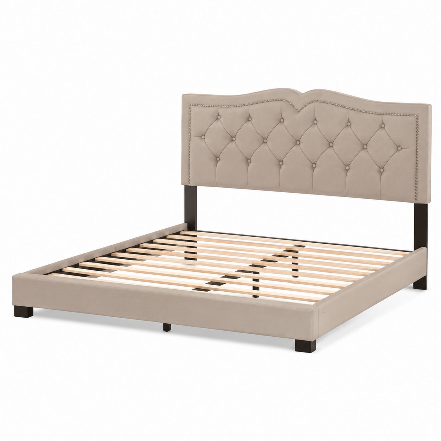 Letto imbottito in tessuto beige con struttura in legno 200x160 cm-Plypractical