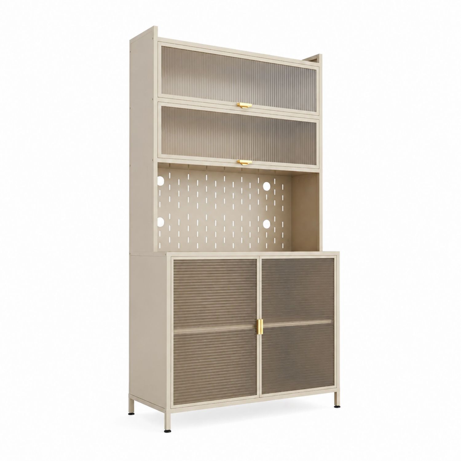 Credenza in acciaio e vetro temperato crema-Plypractical