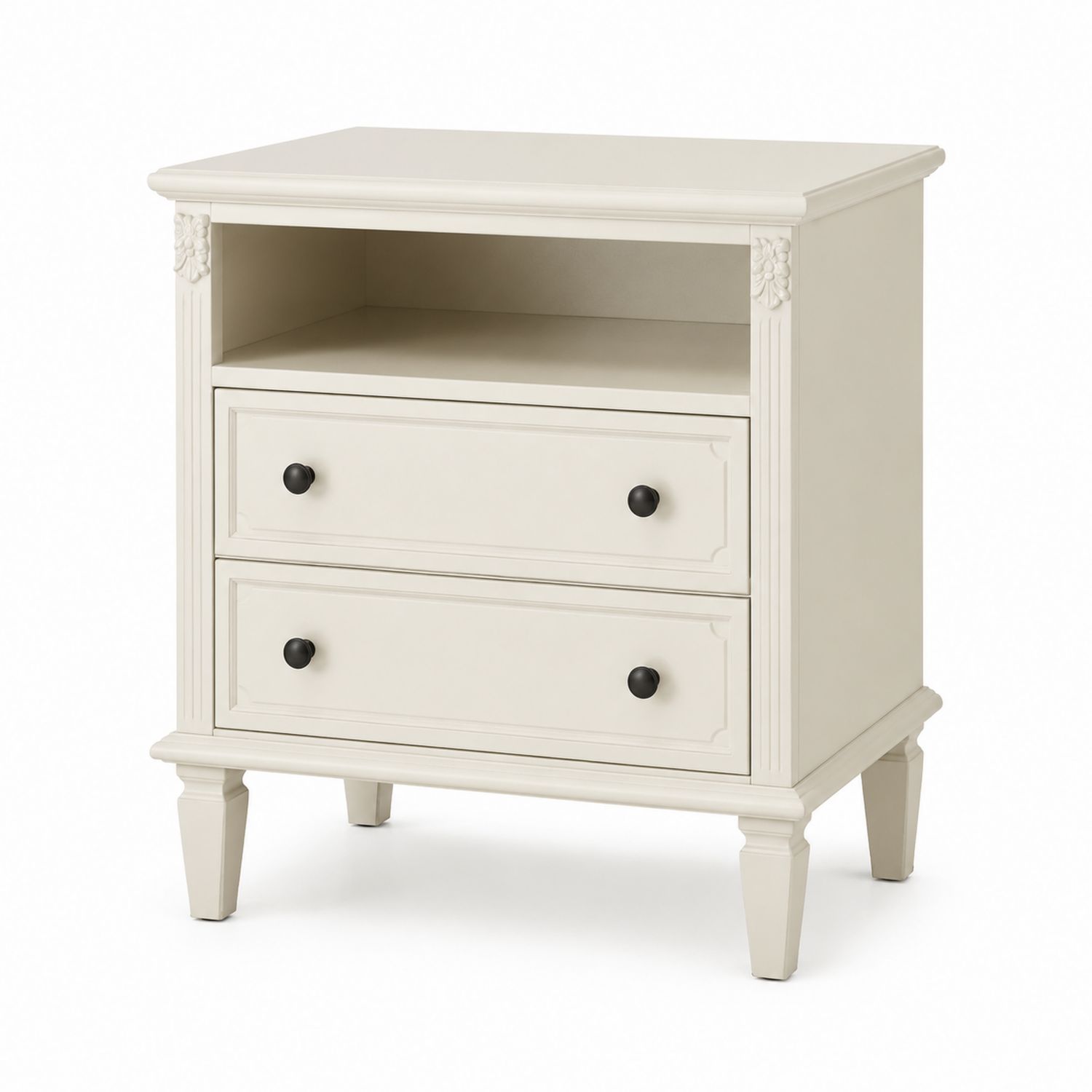 Comodino in legno con due cassetti e vano aperto Bianco-Plypractical