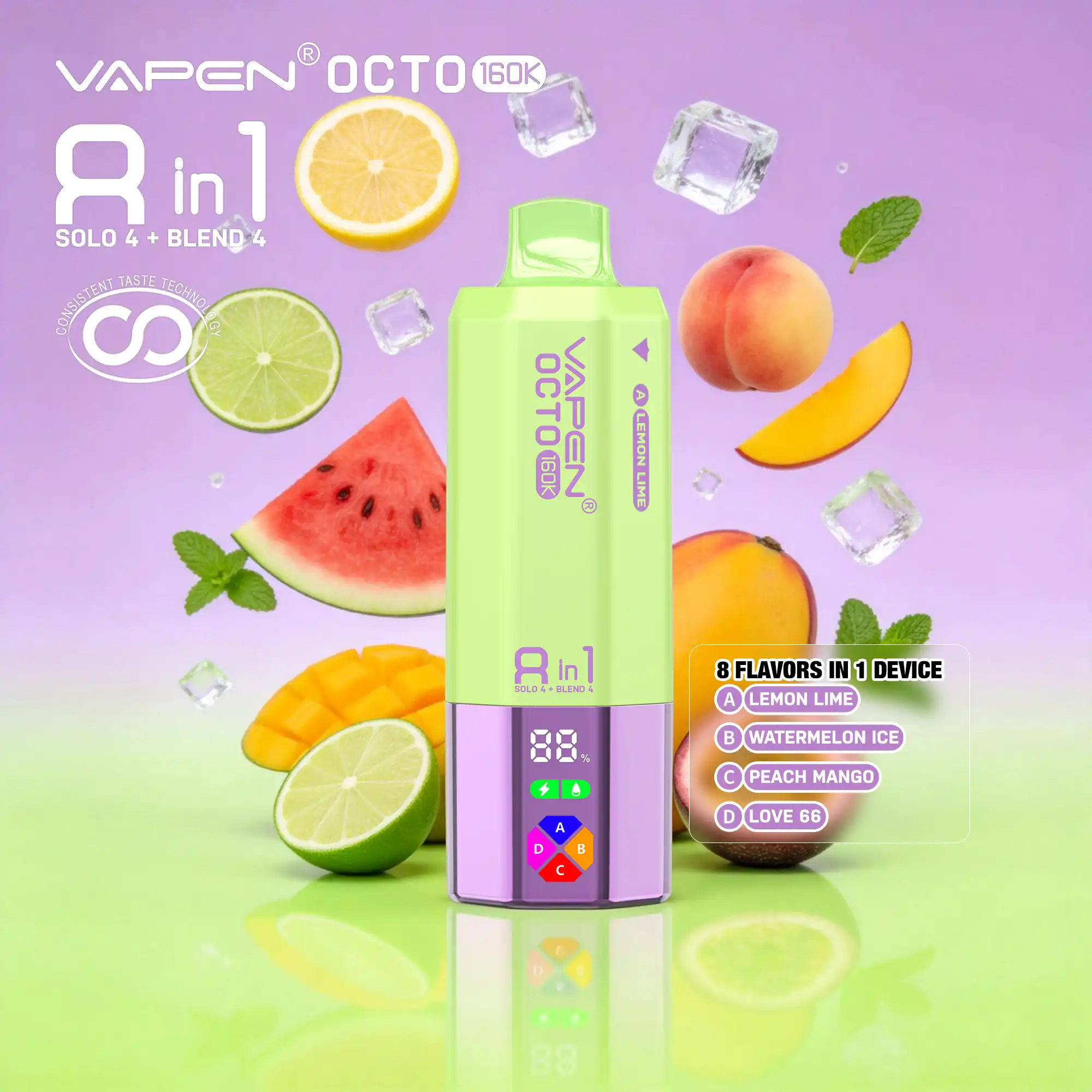 VAPEN OCTO 160000 Puffs - Cytryna Limonka + Arbuzowy Lód + Brzoskwinia Mango + Love 66