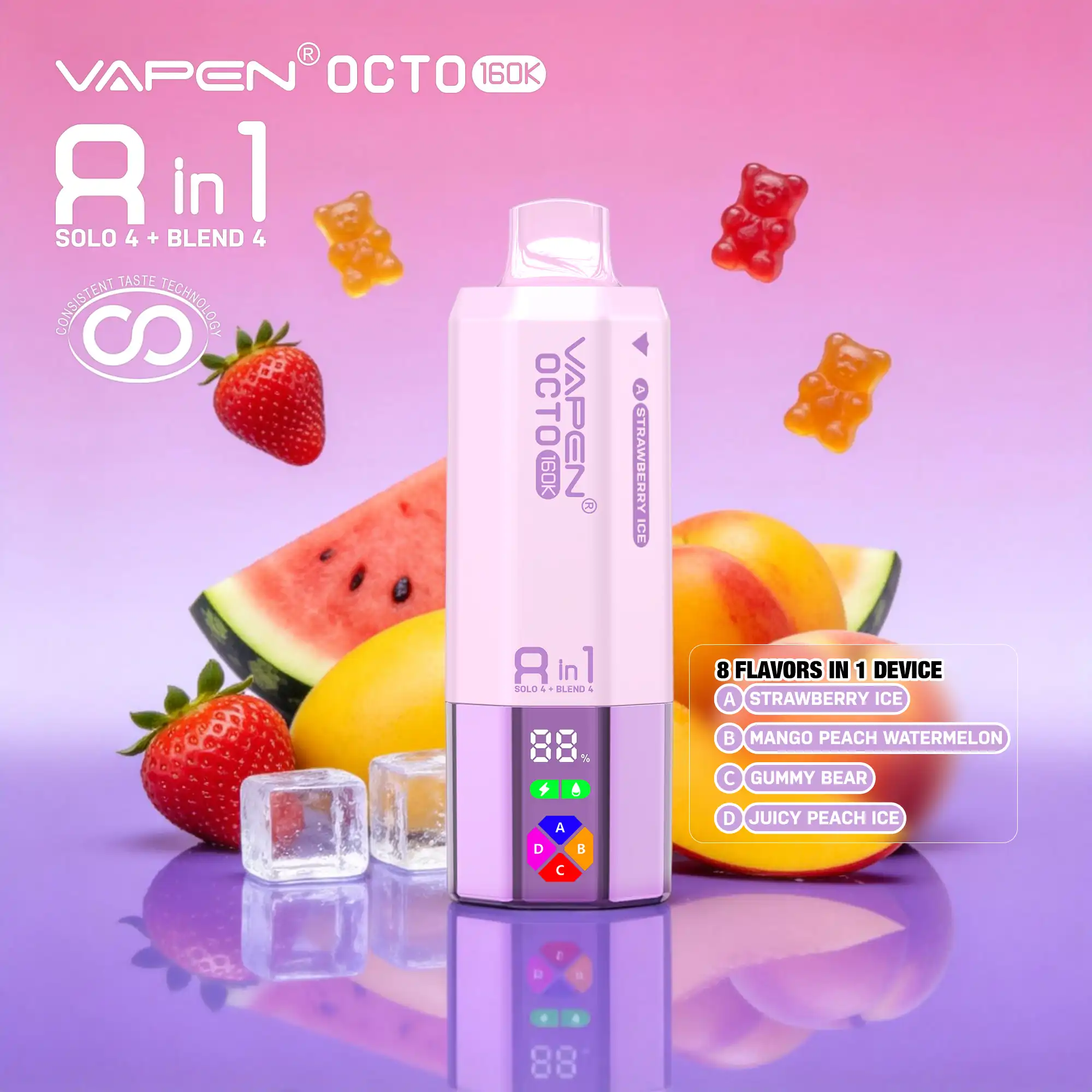 VAPEN OCTO 160000 Puffs - Truskawkowy Lód + Mango Brzoskwinia Arbuz + Żelki Misiowe + Soczysta Brzoskwinia Lód