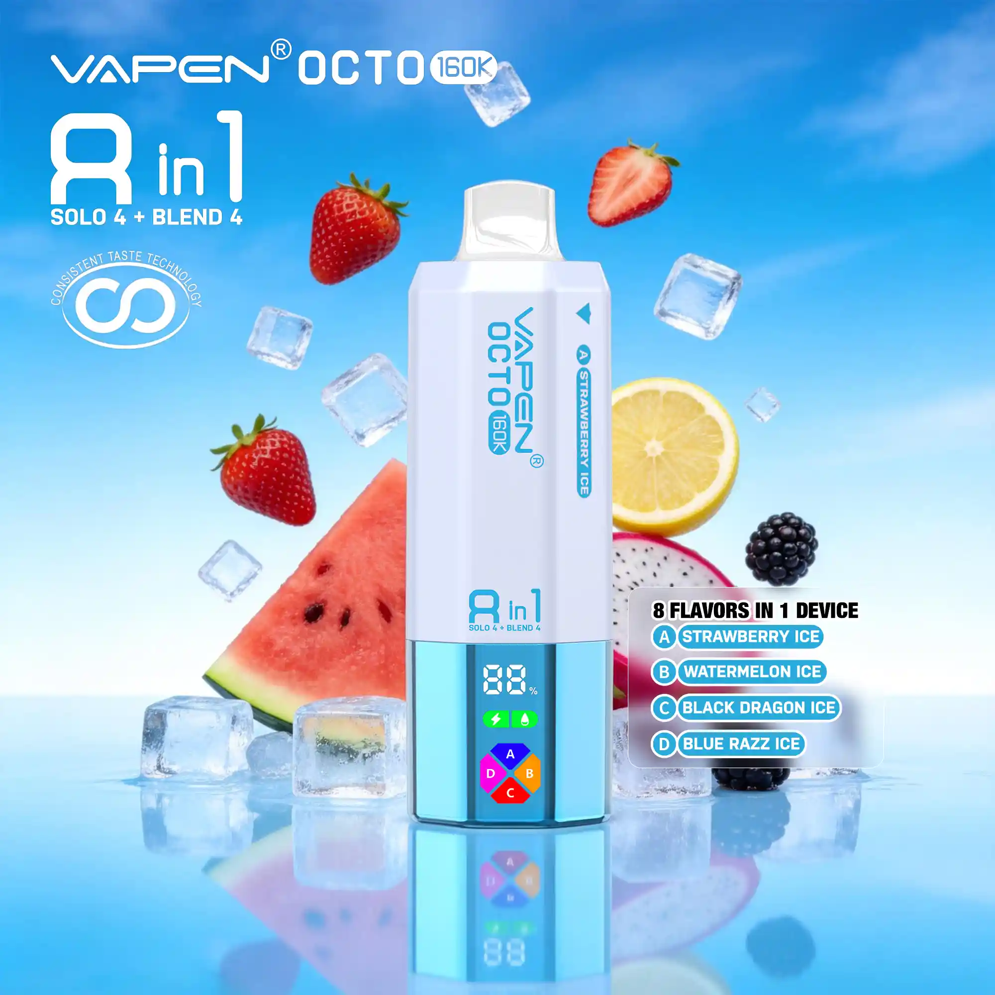 VAPEN OCTO 160000 Puffs - Truskawkowy Lód + Arbuzowy Lód + Black Dragon Ice + Blue Razz Ice