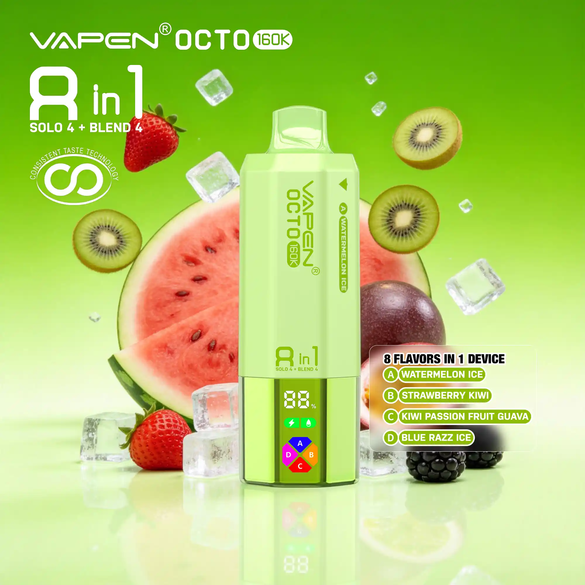 VAPEN OCTO 160000 Puffs - Arbuzowy Lód + Truskawka Kiwi + Kiwi Marakuja Guawa + Blue Razz Ice