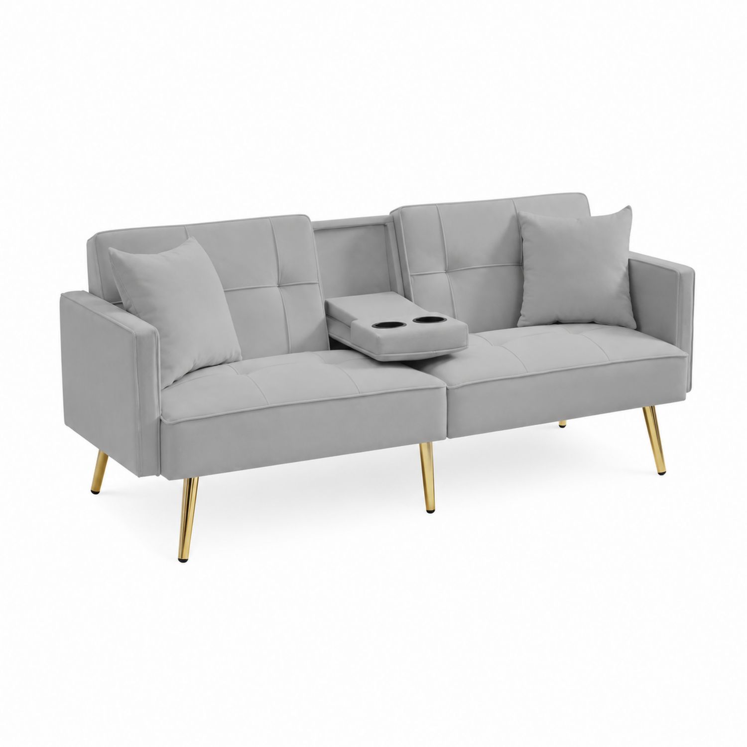 Sofá cama de poliéster gris con patas de metal y soporte para bebidas