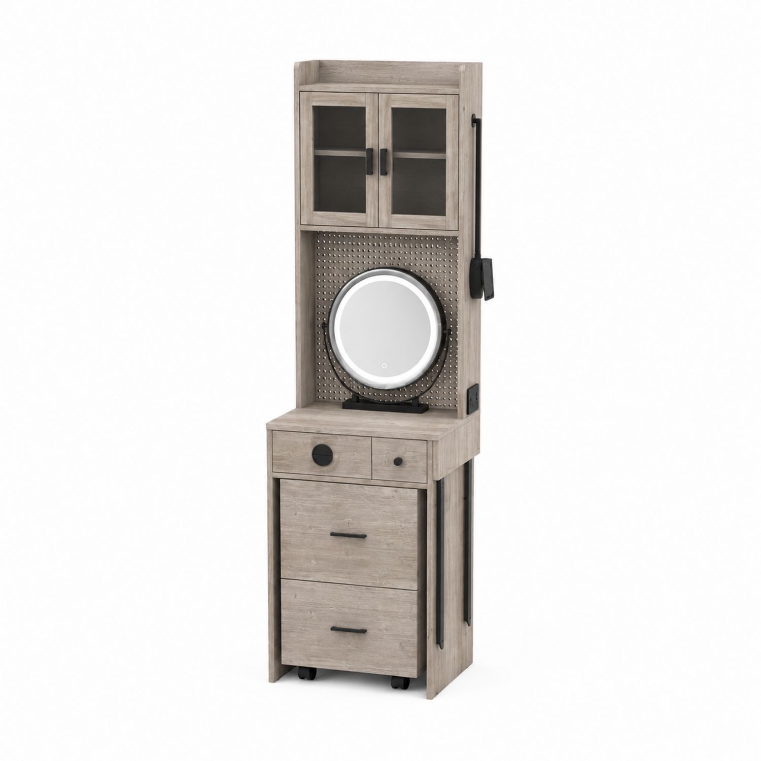 Tocador de Madera con Espejo LED y Almacenamiento, 180cm x 45cm x 40cm, Gris Claro