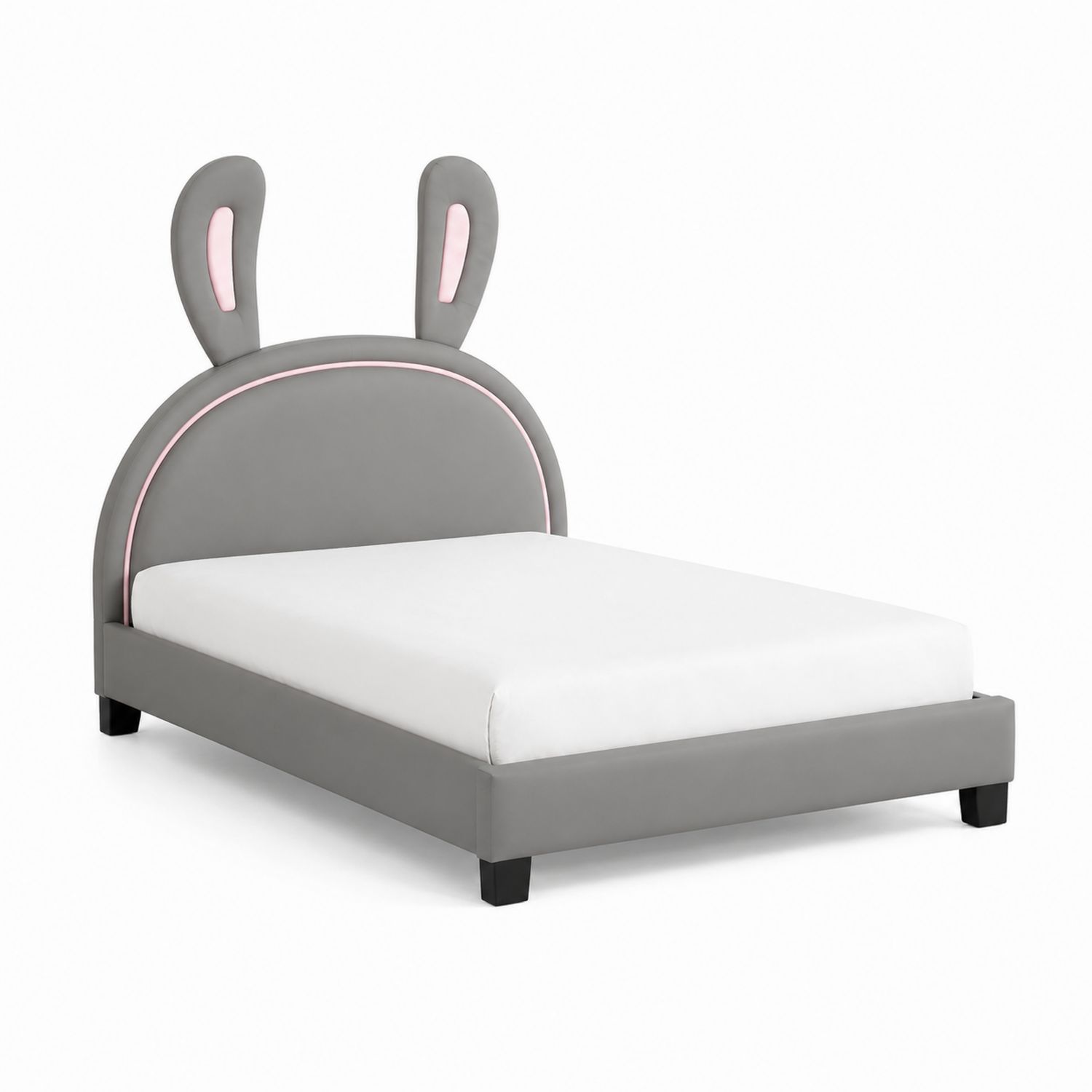 Cama infantil gris con cabecera de orejas de conejo MDF y poliéster