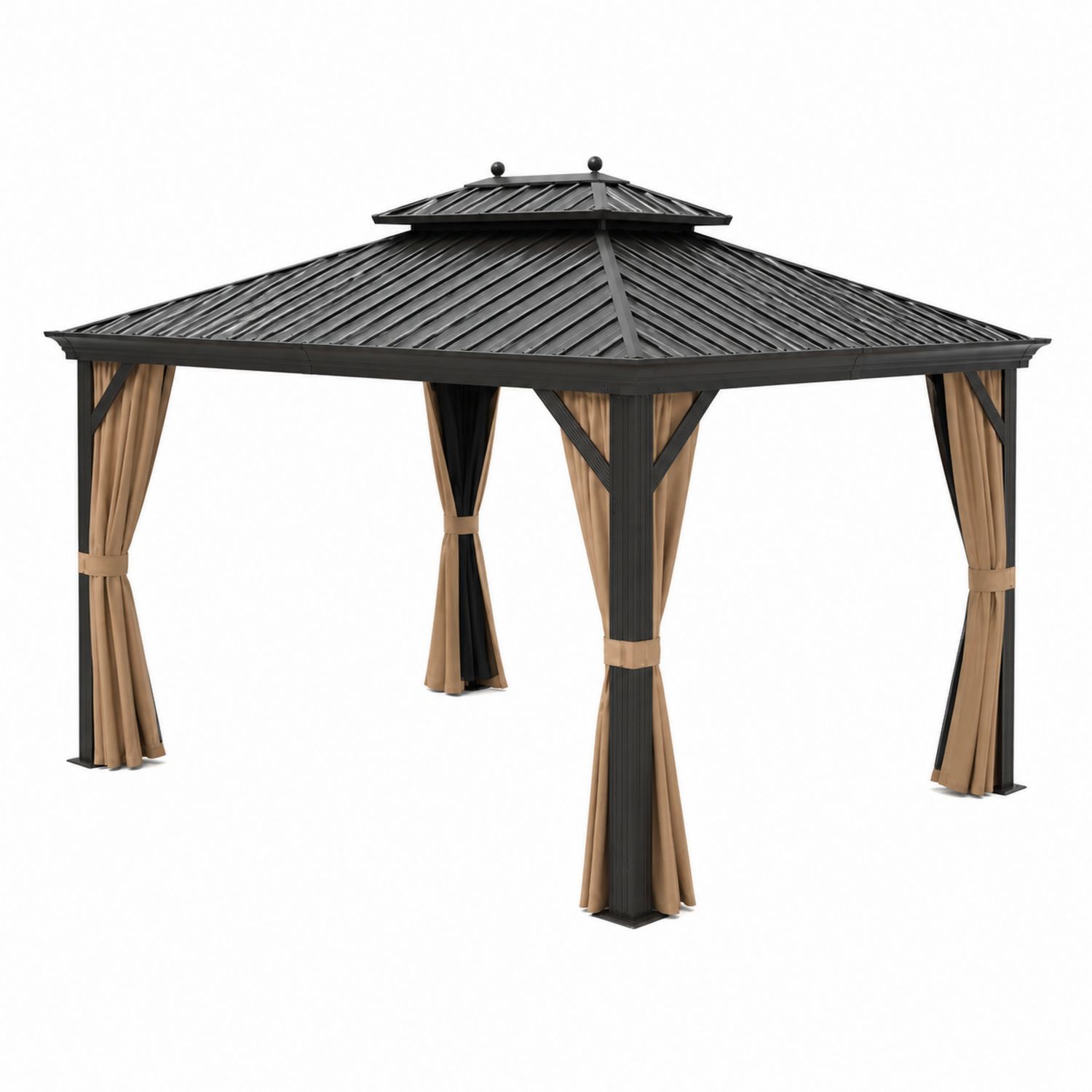 Pérgola cuadrada de metal con techo de acero y cortinas de poliéster Negro/Beige
