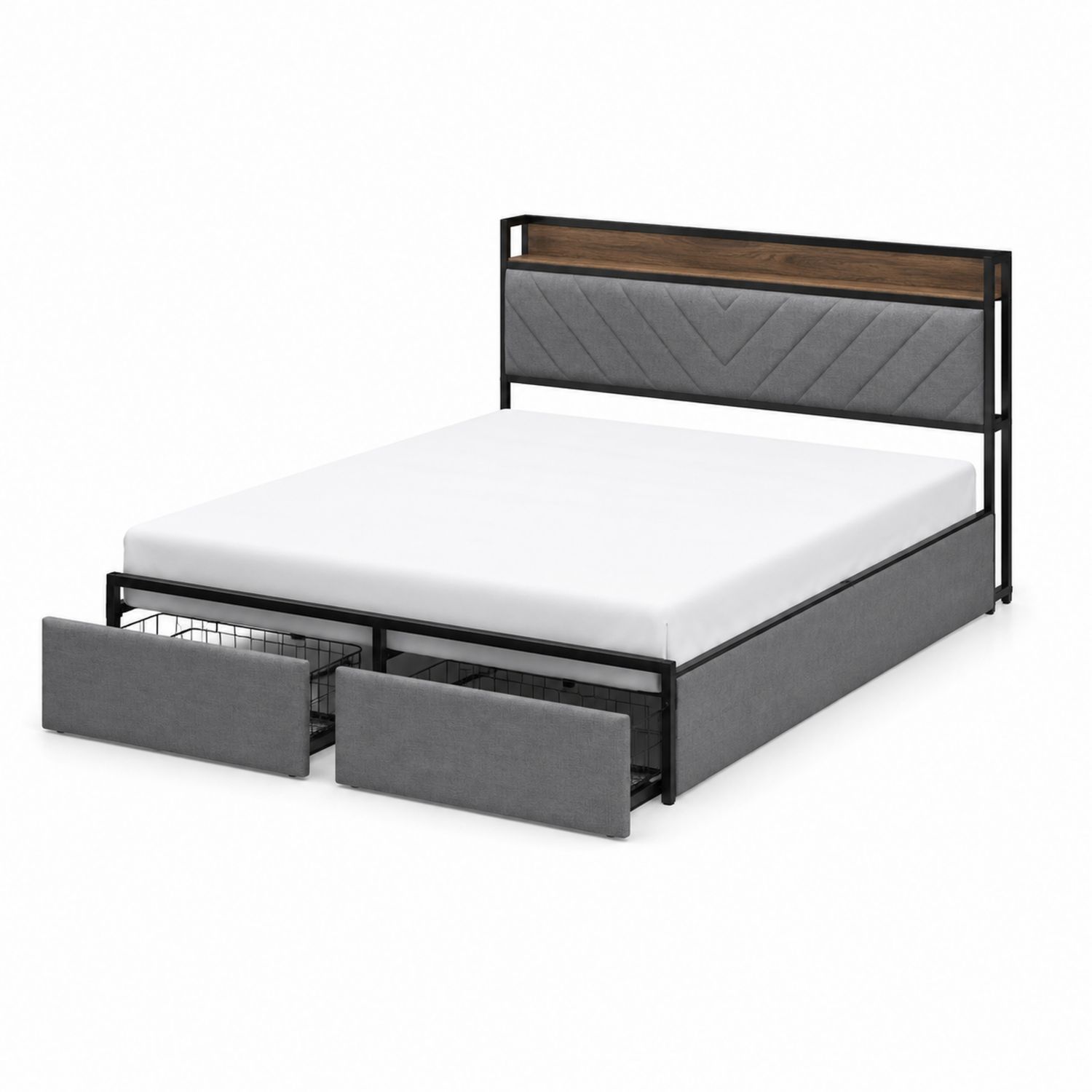 Cama de Metal con Almacenamiento en Tela Gris y Cabecero de Madera 200x160 cm