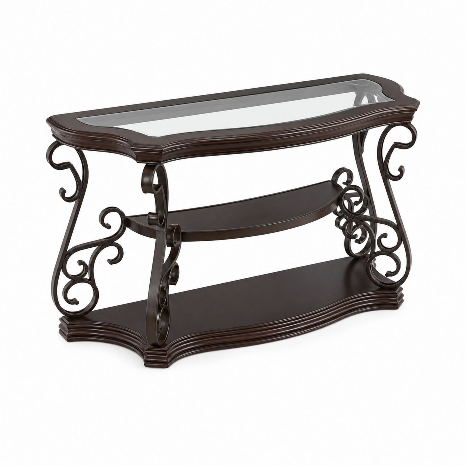 Mesa consola de vidrio templado y metal marrón oscuro