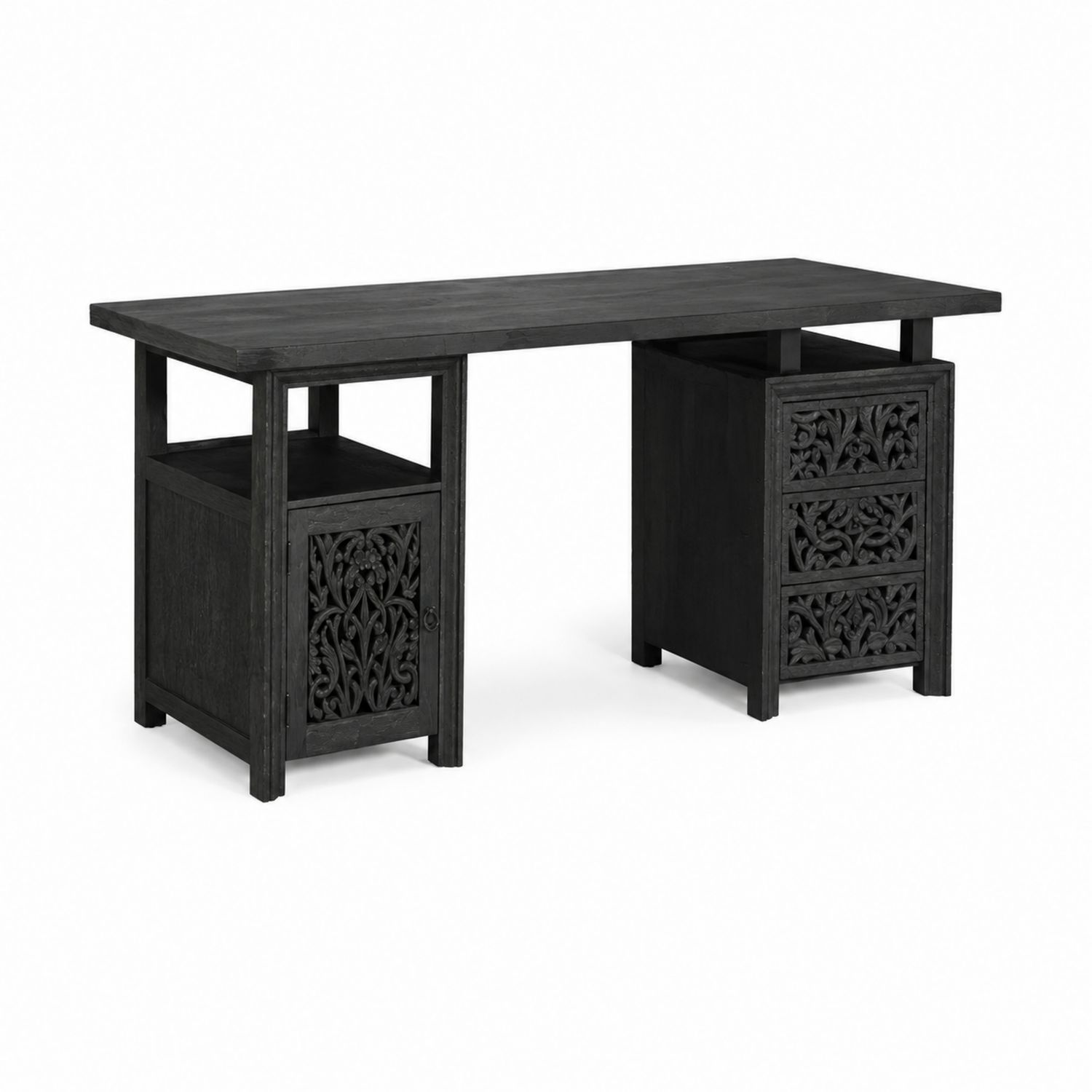 Escritorio de madera negra con cajones tallados