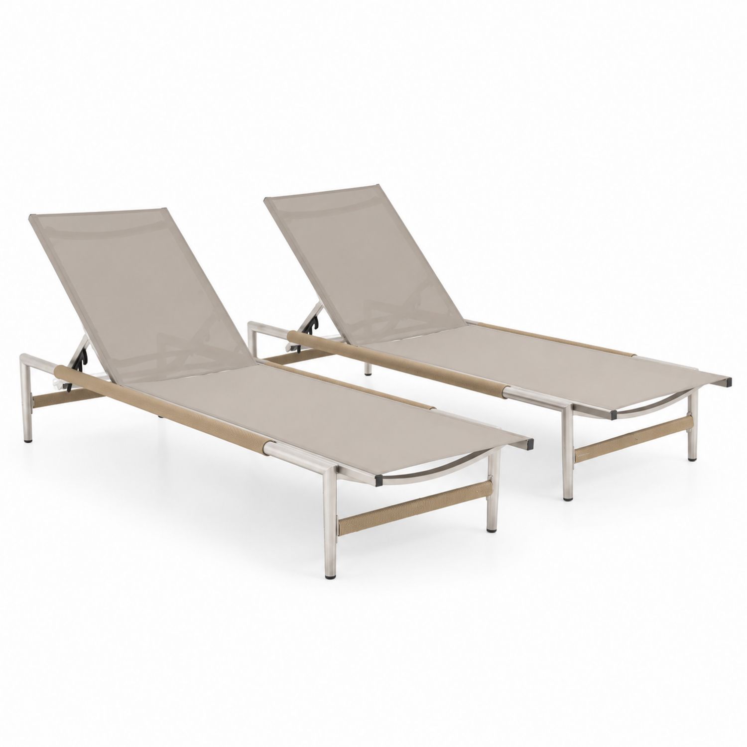 Juego de 2 tumbonas de acero inoxidable y textileno beige 200x65x35 cm