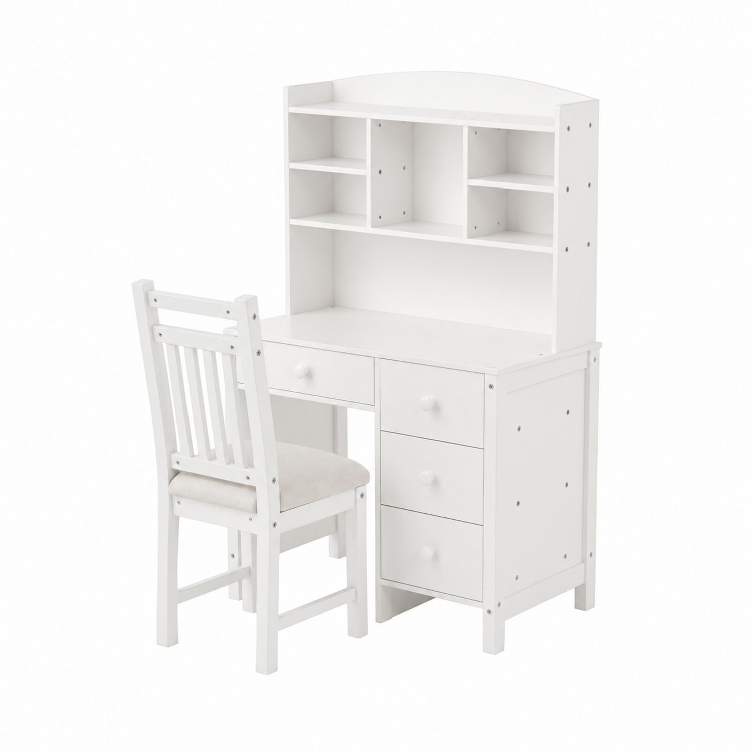 Juego de Escritorio y Silla de Madera Blanca con Estantería y Cajones