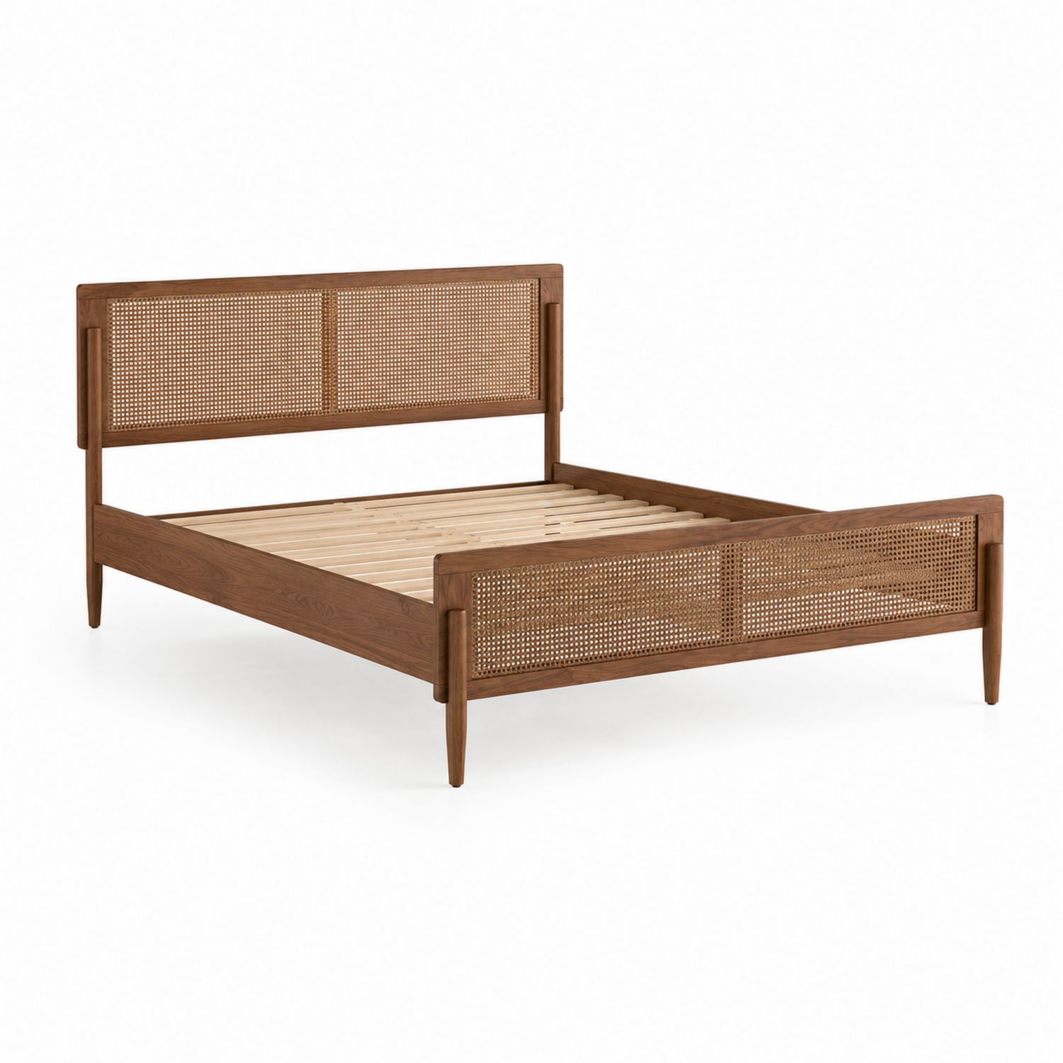 Cama doble de madera de nogal y ratán, 200x160 cm