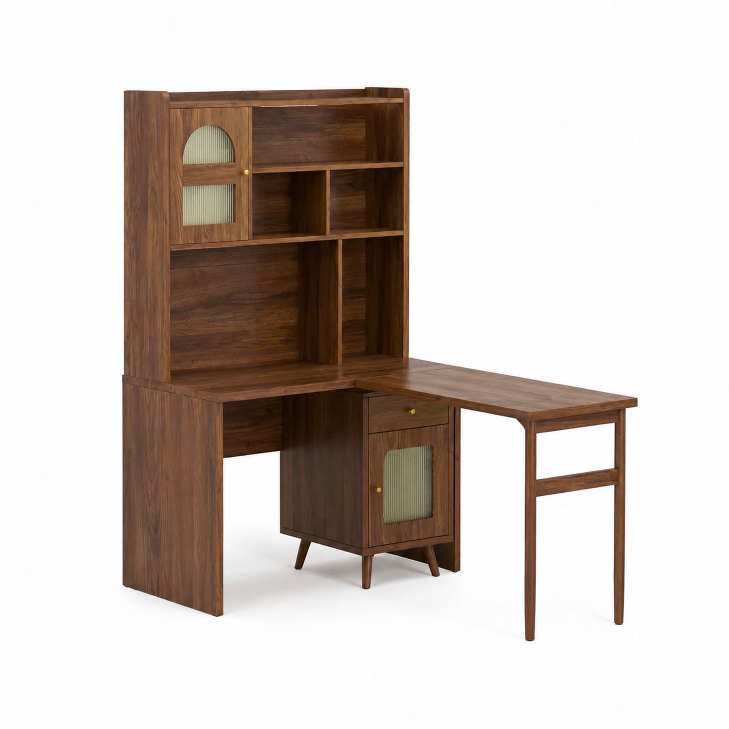 Escritorio en forma L de Madera con Estantería y Puerta de Vidrio