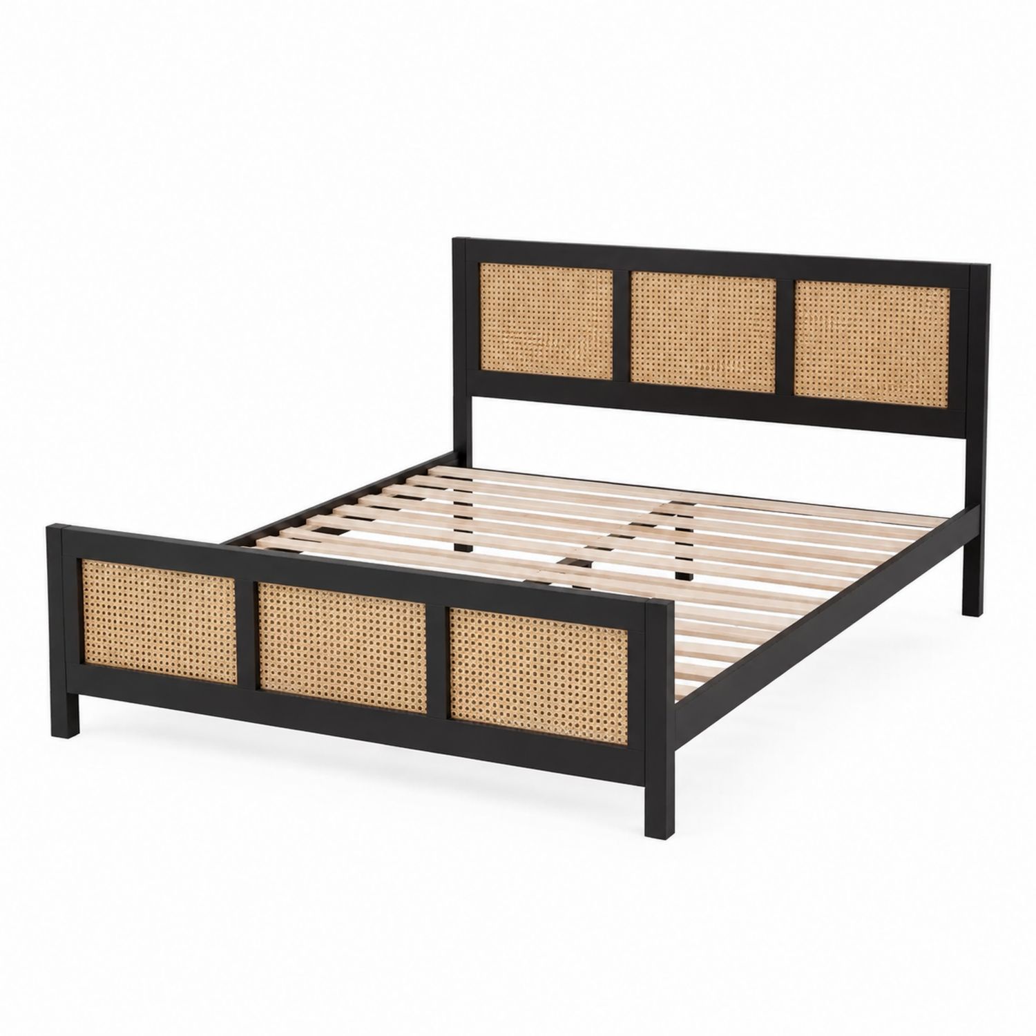 Letto in legno e rattan 160x200 cm Nero/Beige