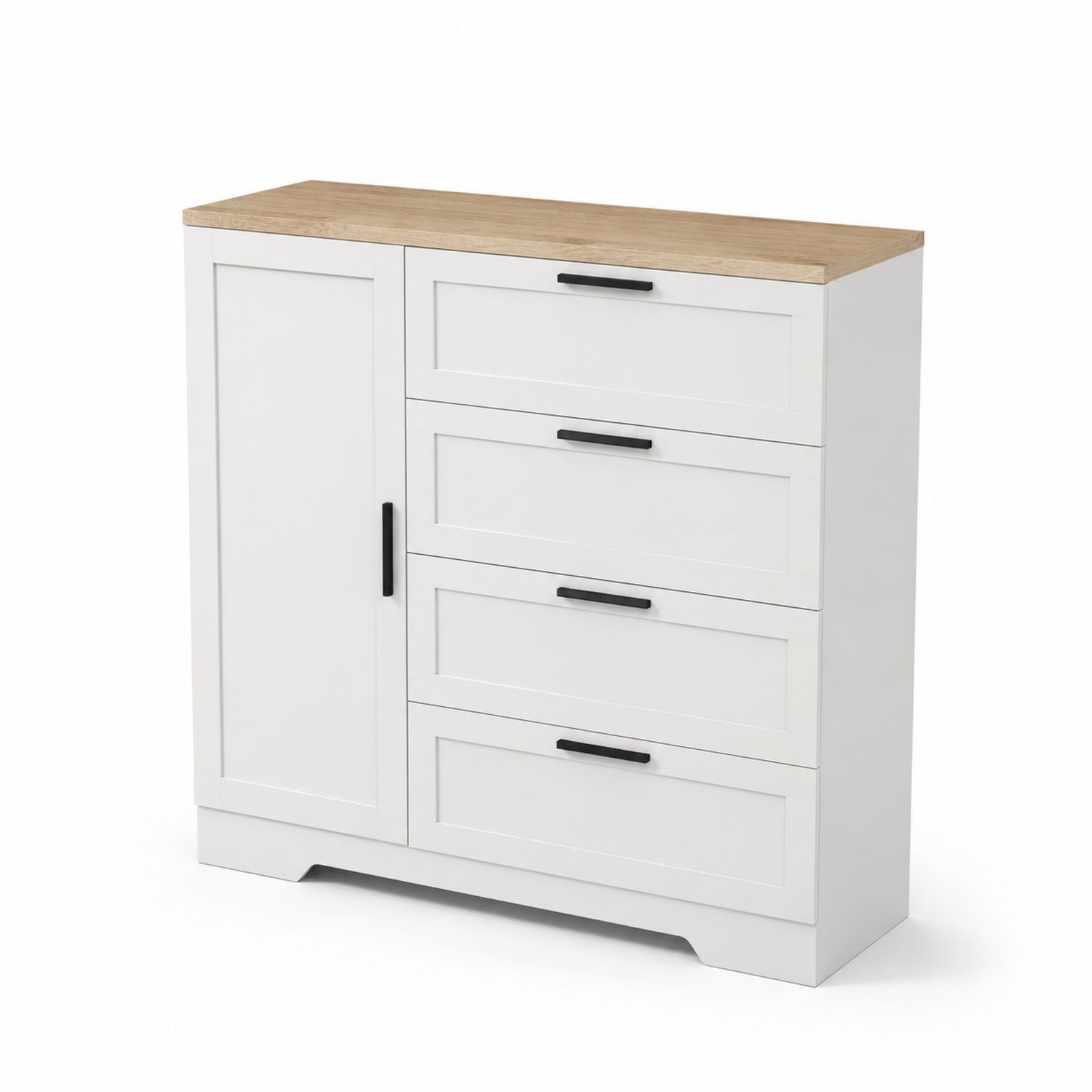 Cassettiera in Legno MDF Bianco e Rovere con 4 Cassetti e 1 Anta