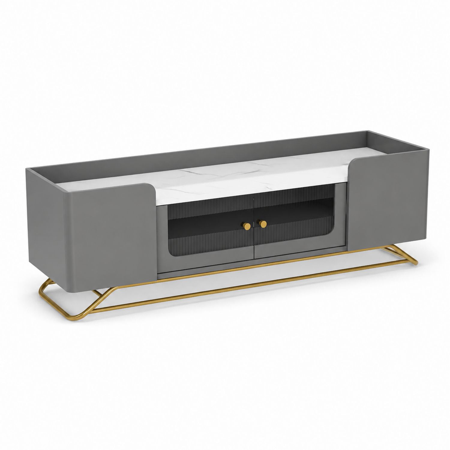 Mobile TV in MDF con Piano in Marmo e Struttura in Metallo Dorato, Grigio