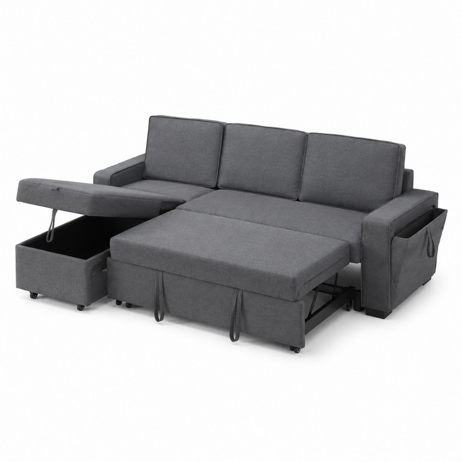 Divano Letto Angolare in Tessuto Grigio con Contenitore